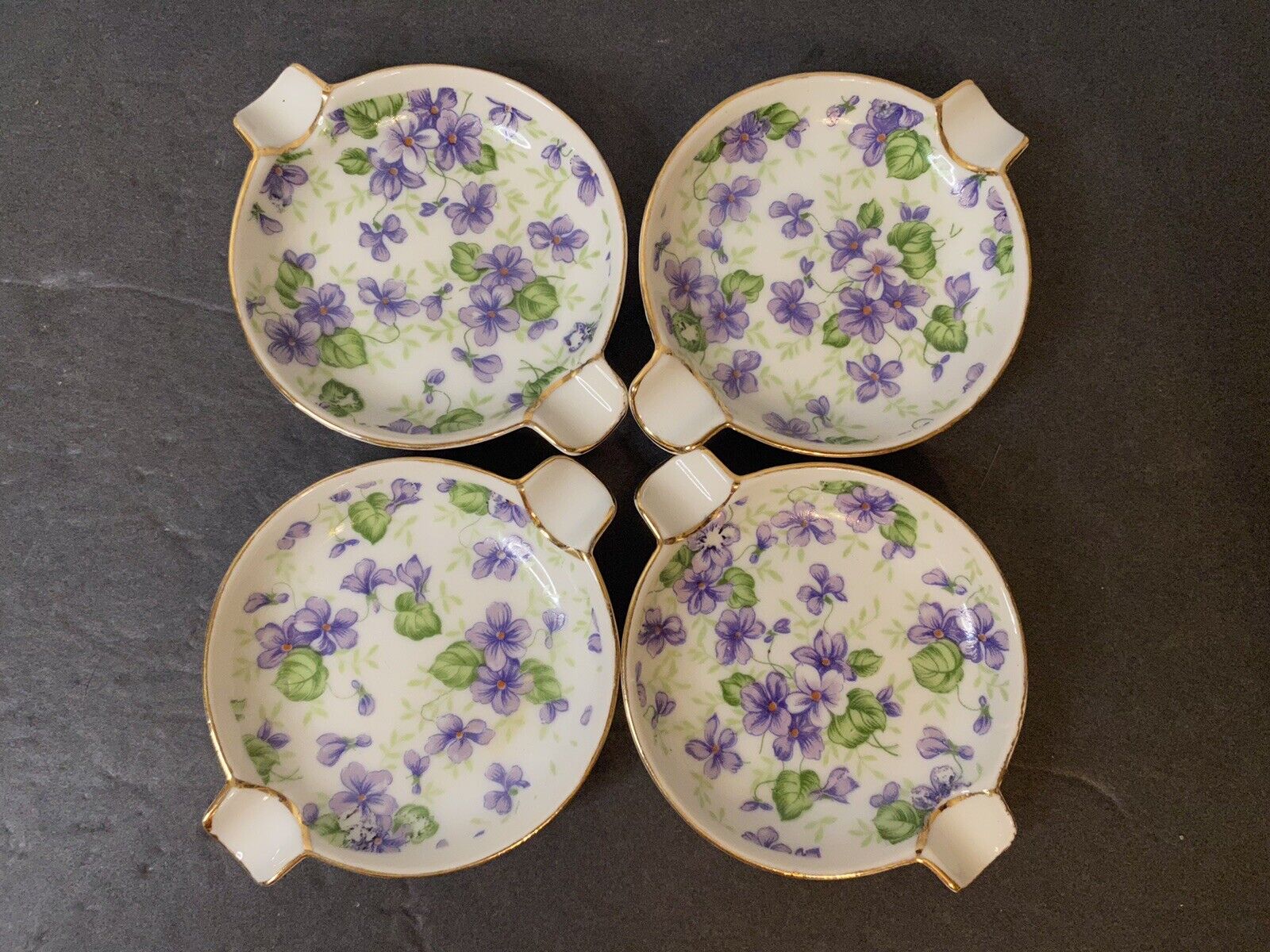 (4) Vintage Lefton Porcelain Ashtray Teabag Trinket Dish Violet Floral Gold Trim