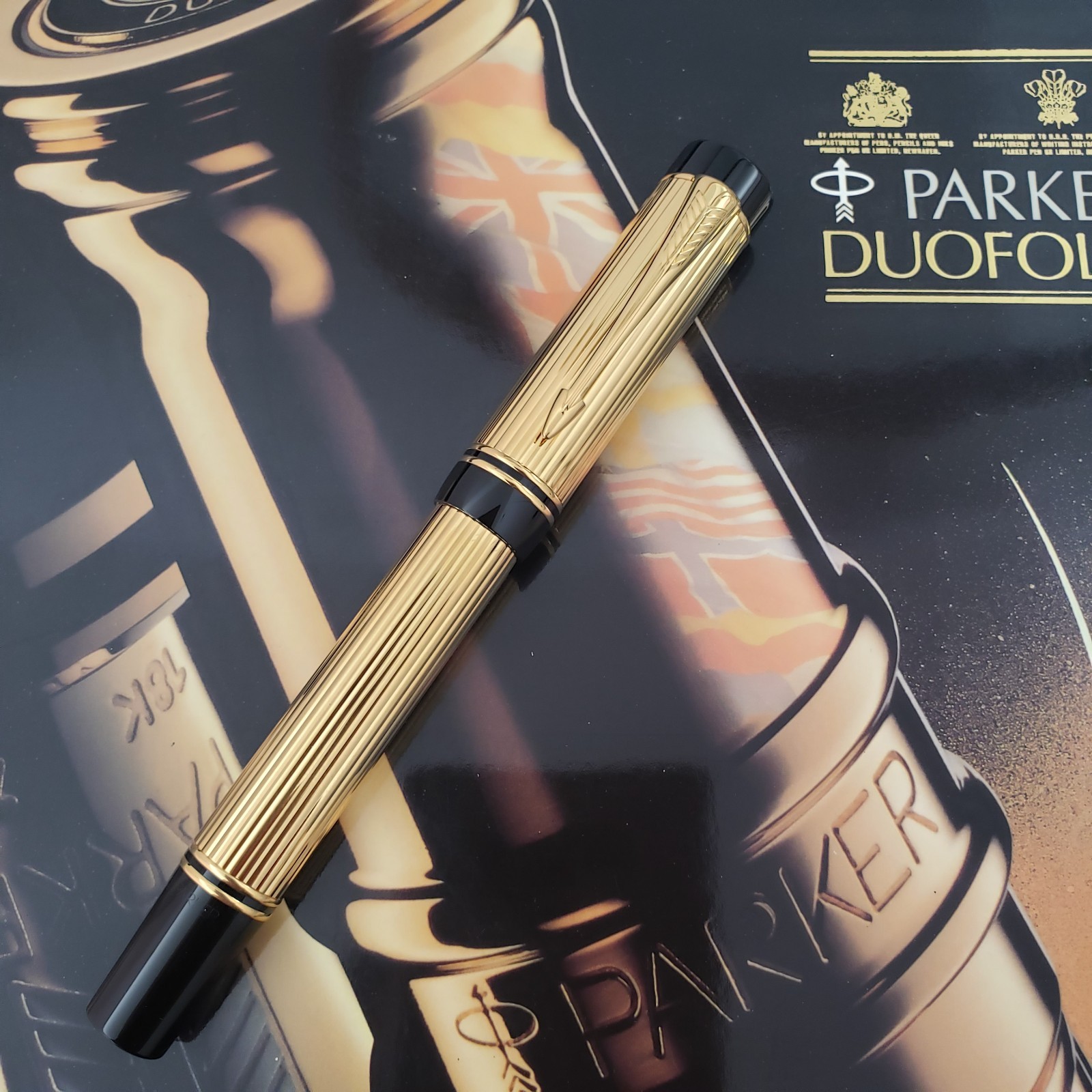 1990s Parker Duofold Centennial Fountain Pen 18k Gold M Nib  23k Gold Pl G2U