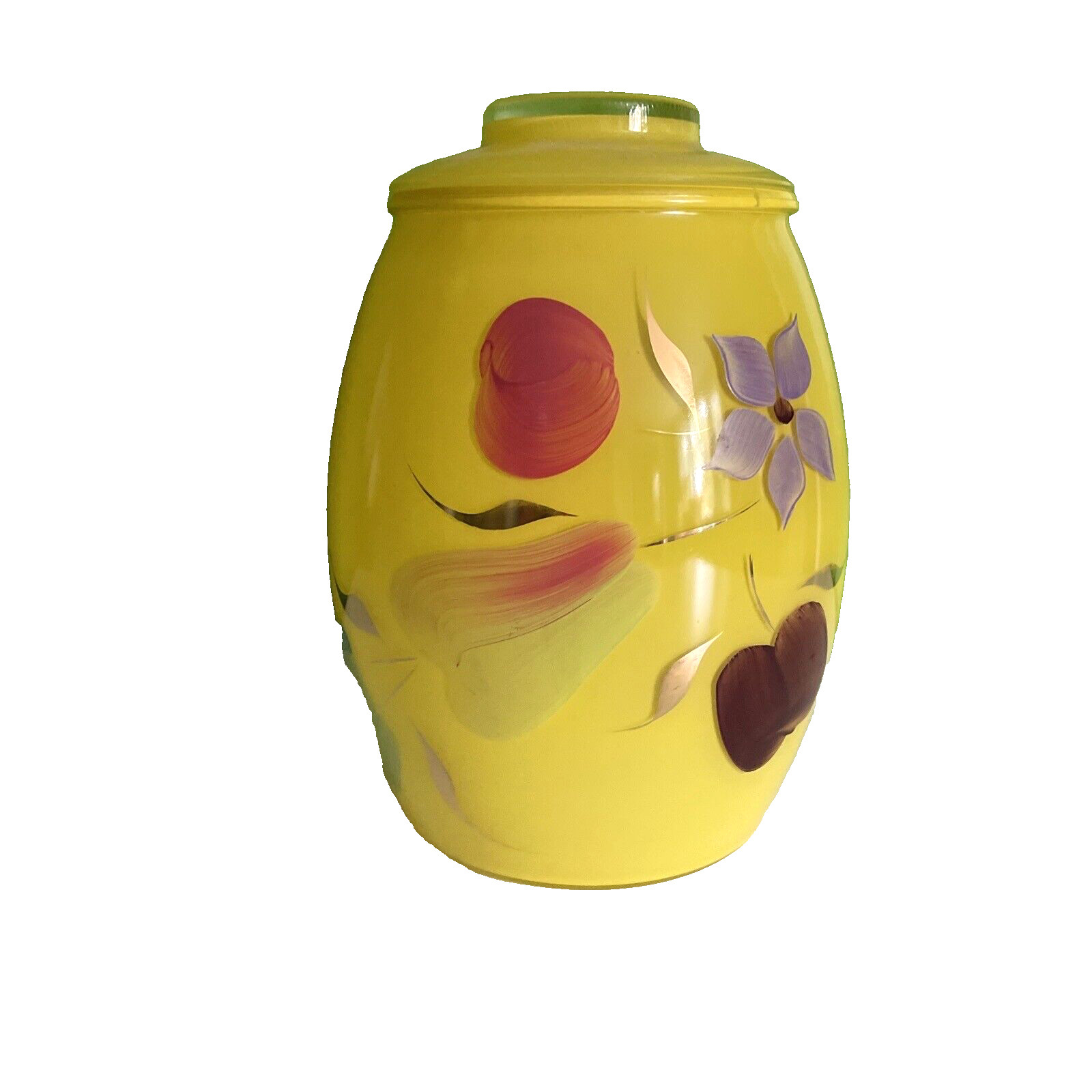 Vintage MCM Bartlett Collins Yellow Glass Cookie Jar Fruit Flowers hand painted Vintage MCM Bartlett Collins Yellow Glass Cookie Jar Fruit Flowers hand painted