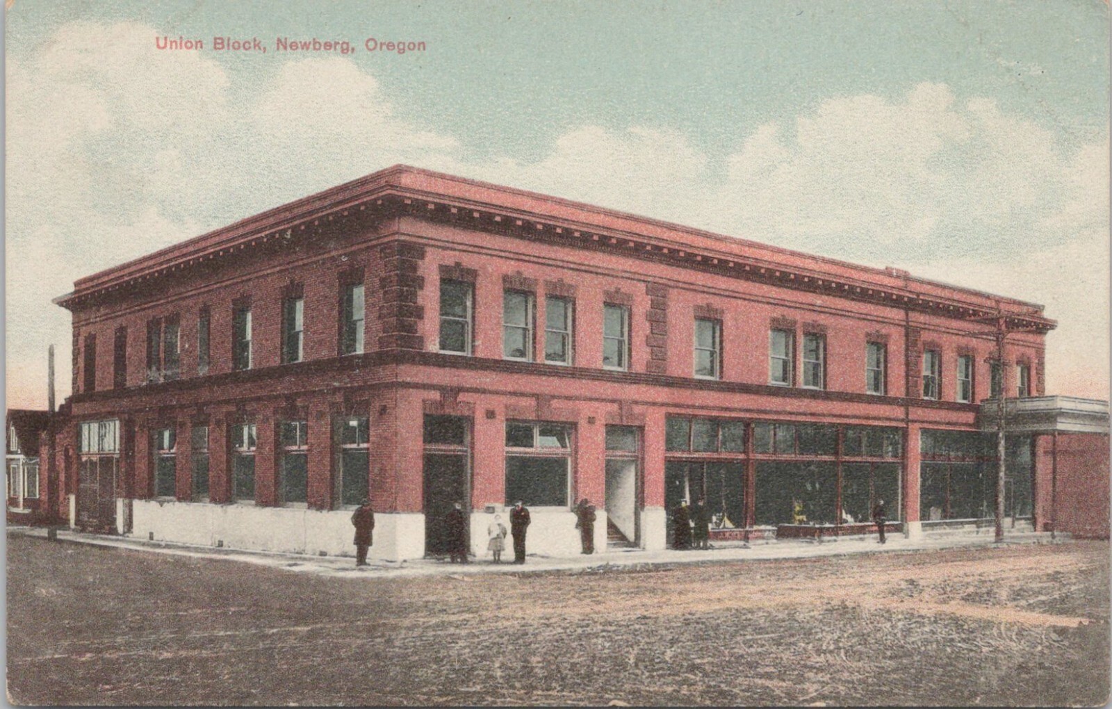 Lithograph Newburg Oregon Street Scene on Union Block early 1900s