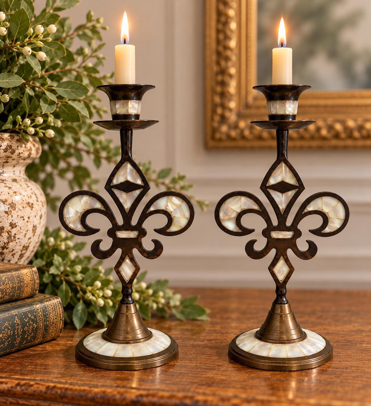 Vintage Brass Fleur de Lis Candlesticks Pair Mother of Pearl Inlay India 9.5\