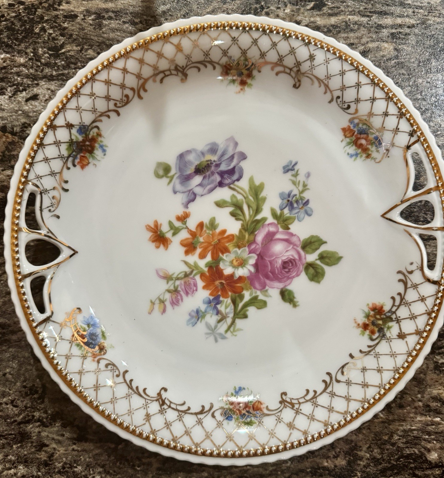 Antique PM Moschendorf Bavaria Germany Floral Porcelain Handled Plate Gold Trim