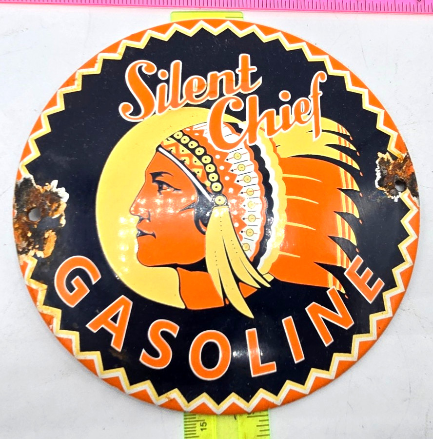 Vintage Silent Chief Gasoline Sign Motor Oil Gas Pump Porcelain Sign 6 Vintage Silent Chief Gasoline Sign Motor Oil Gas Pump Porcelain Sign 6