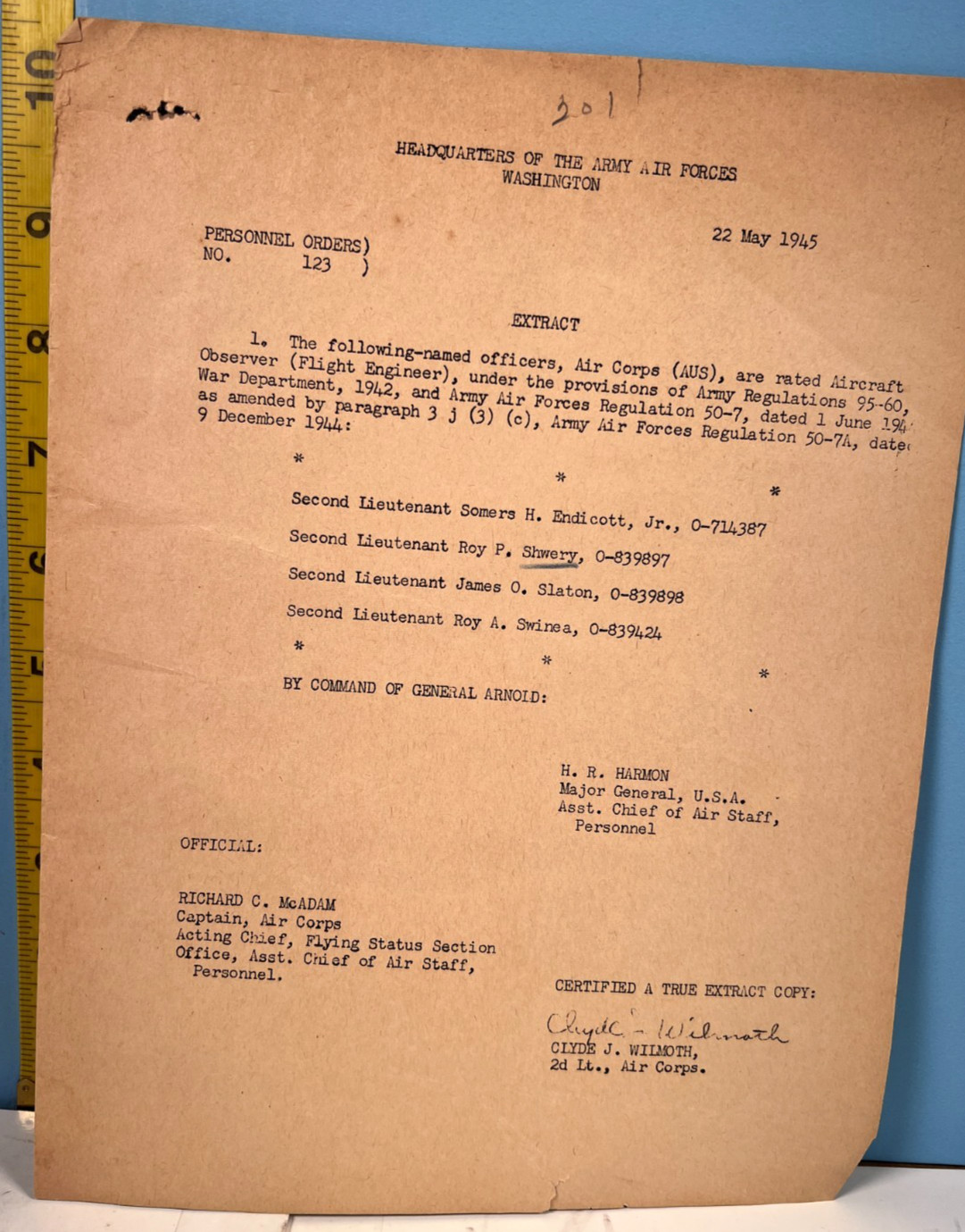 1945 U.S. Army Air Corps Officiers Promotion Letter