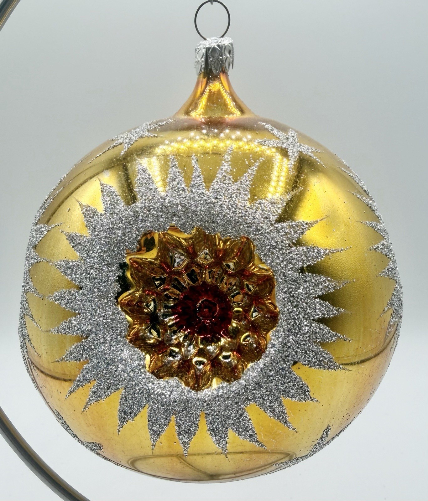 Vtg West German Jumbo Glass Quadruple Indent Christmas Ornament Gold Mica 5”