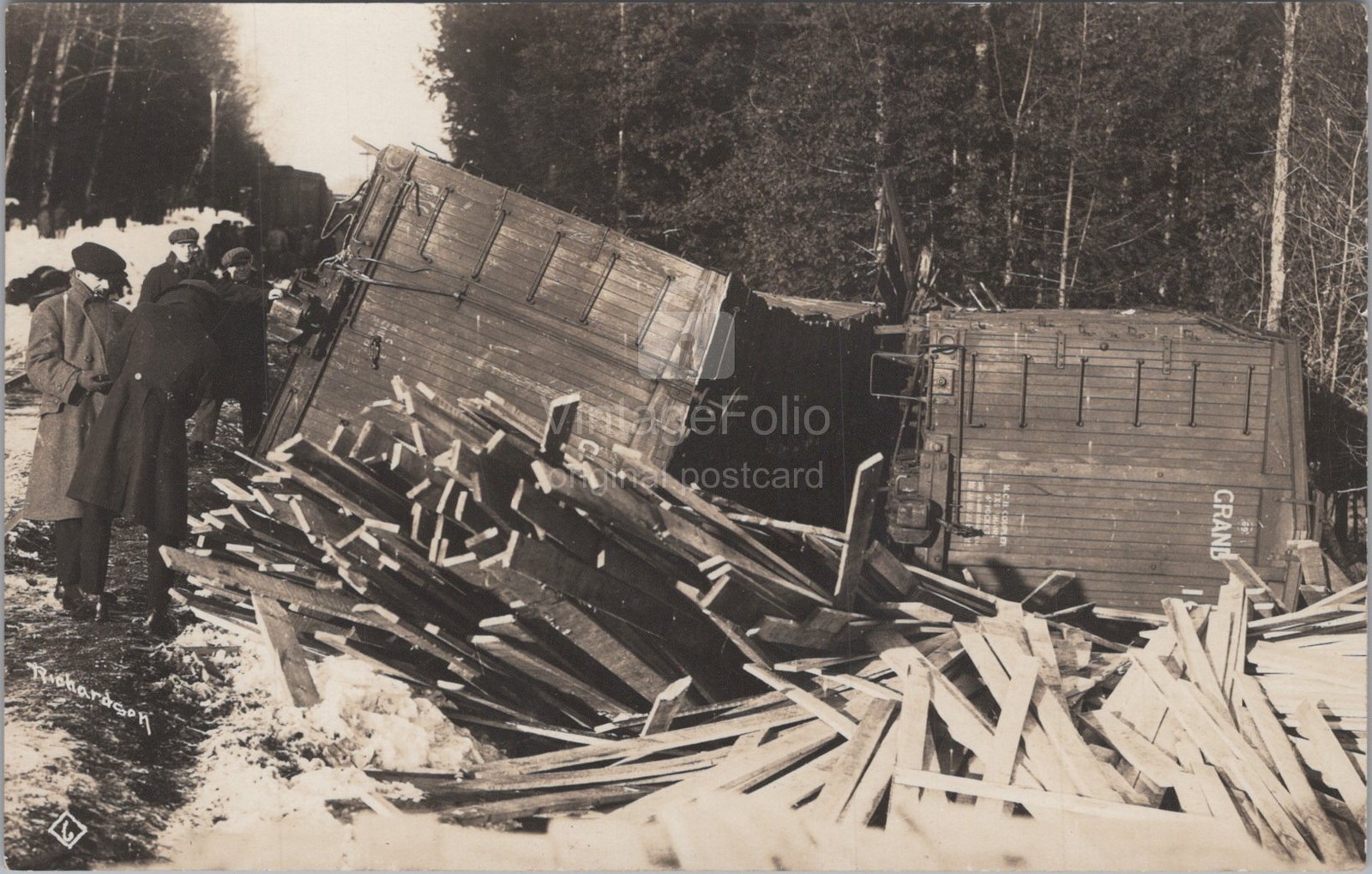 Grand Trunk Railroad Train Wreck Derailment Lumber RPPC Richardson Postcard