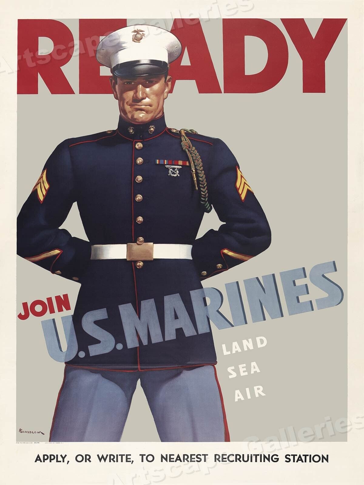 1942 Join U.S. Marines Land Sea Air - World War 2 Classic Poster - 20x28