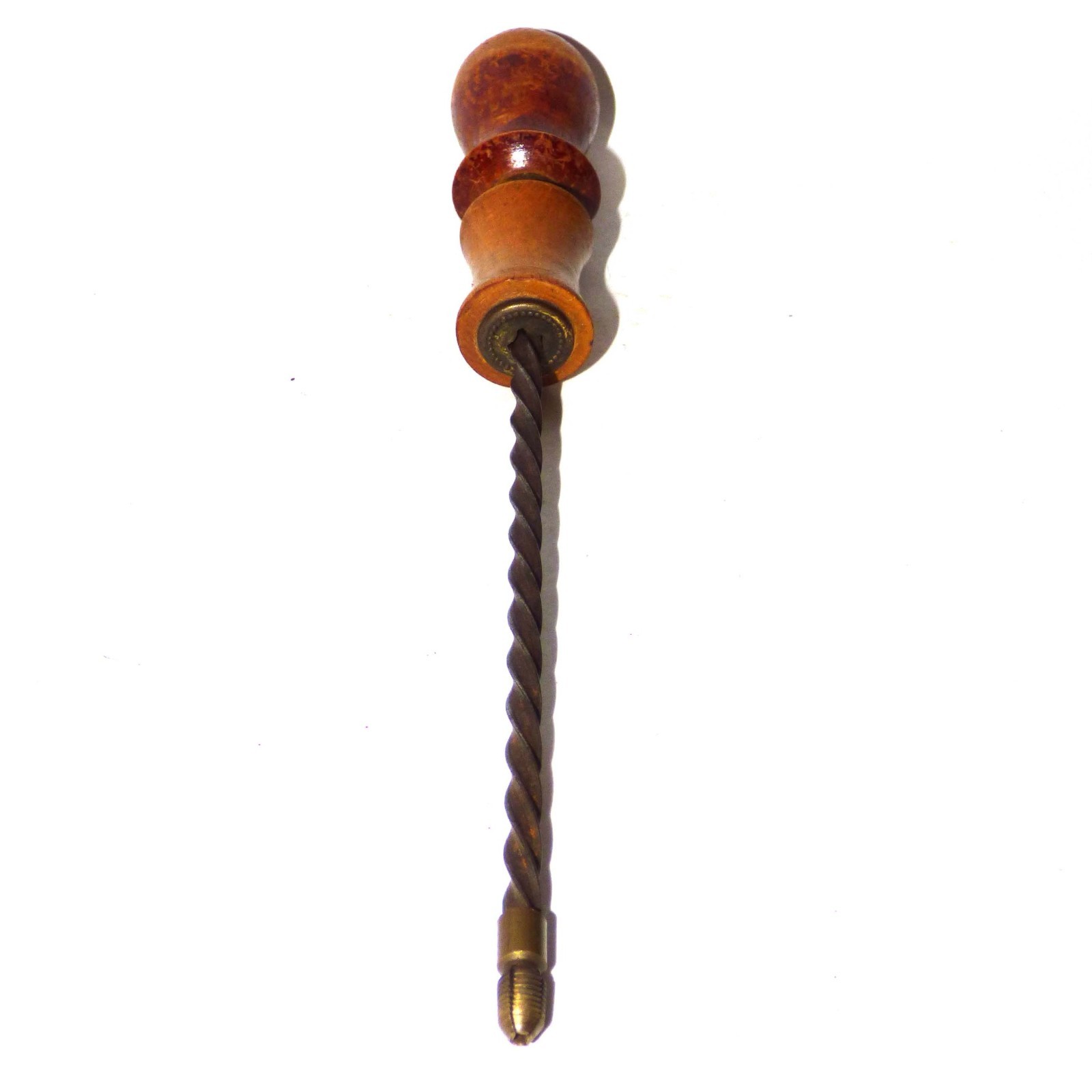 Antique Archimedean Drill Push Spiral Hand Drill Wooden Handle Brass Chuck
