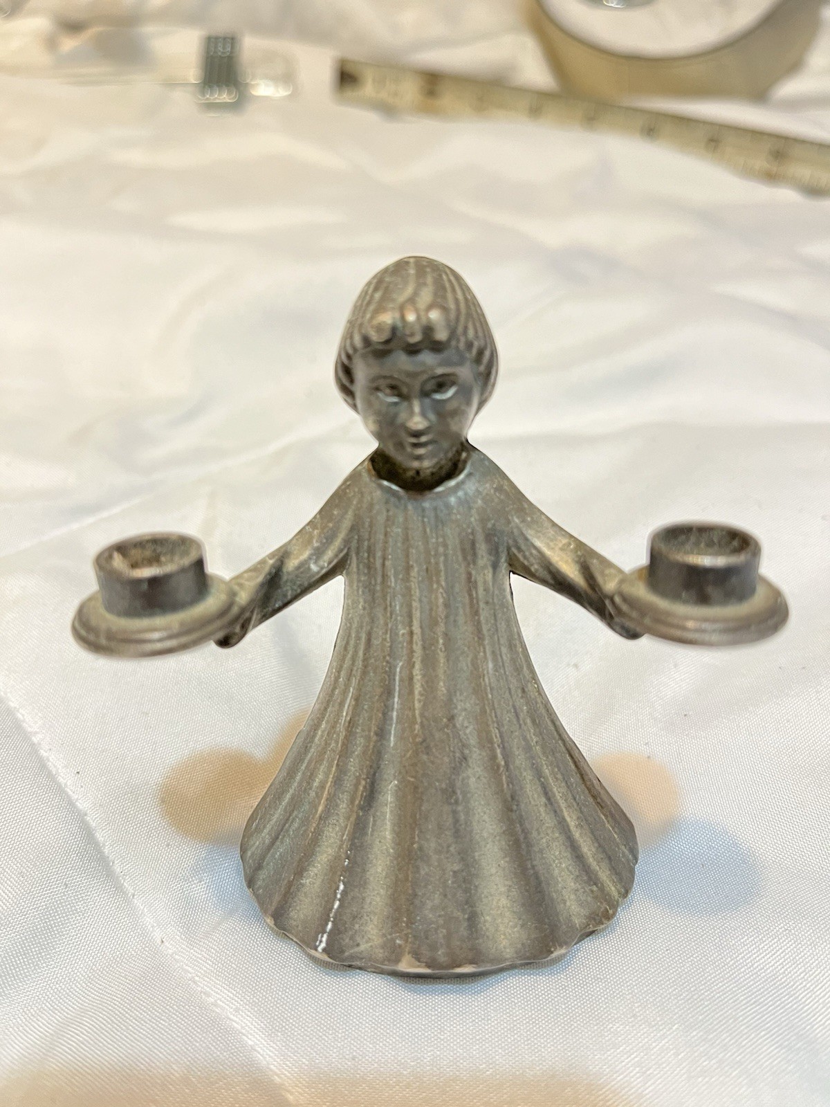 Vintage Italian Pewter Choir Angel Double Candle Holder Vintage Italian Pewter Choir Angel Double Candle Holder