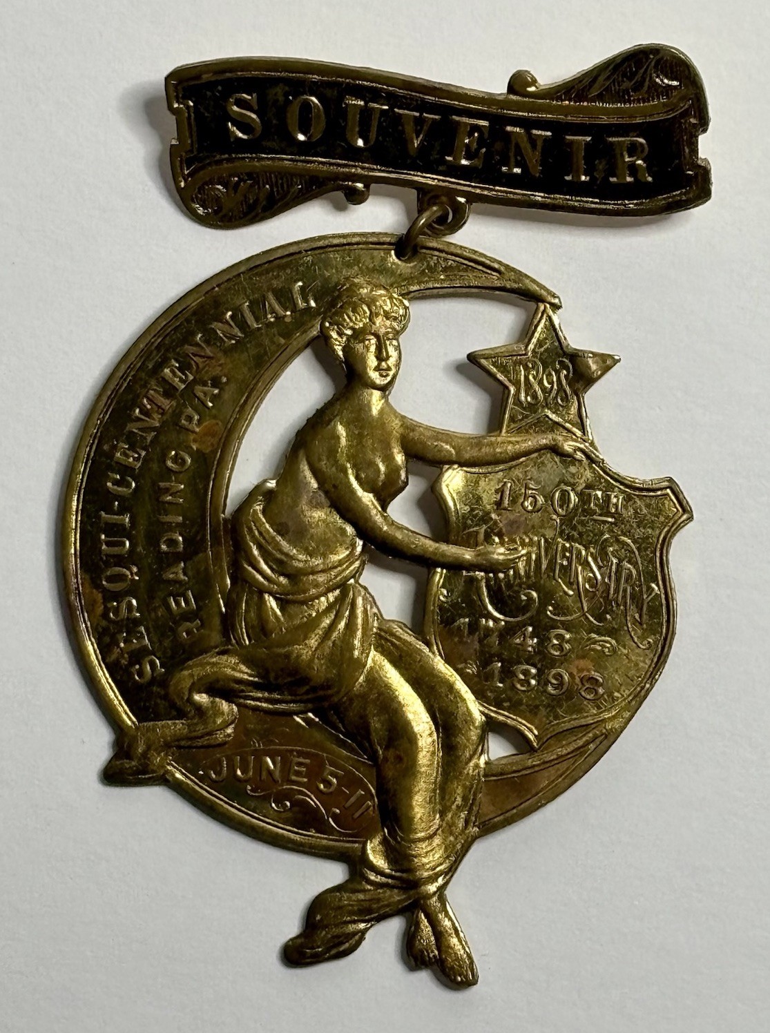 Antique 1898 Reading PA Sesquicentennial Badge Pin Medal 150th Anniversary Moon