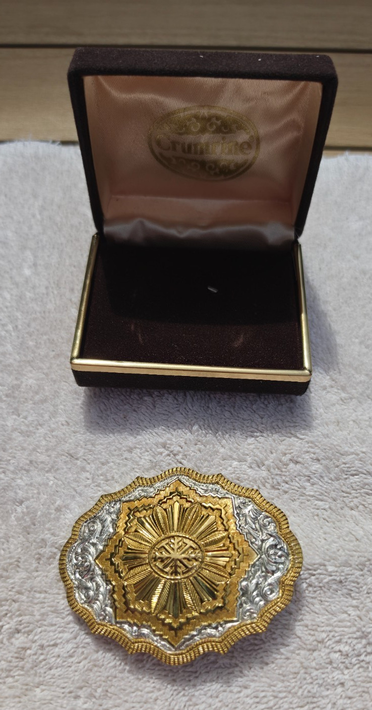Vintage Crumrine Western Belt Buckle Silver Plate Gold Tone Sunburst w Box Vintage Crumrine Western Belt Buckle Silver Plate Gold Tone Sunburst w Box