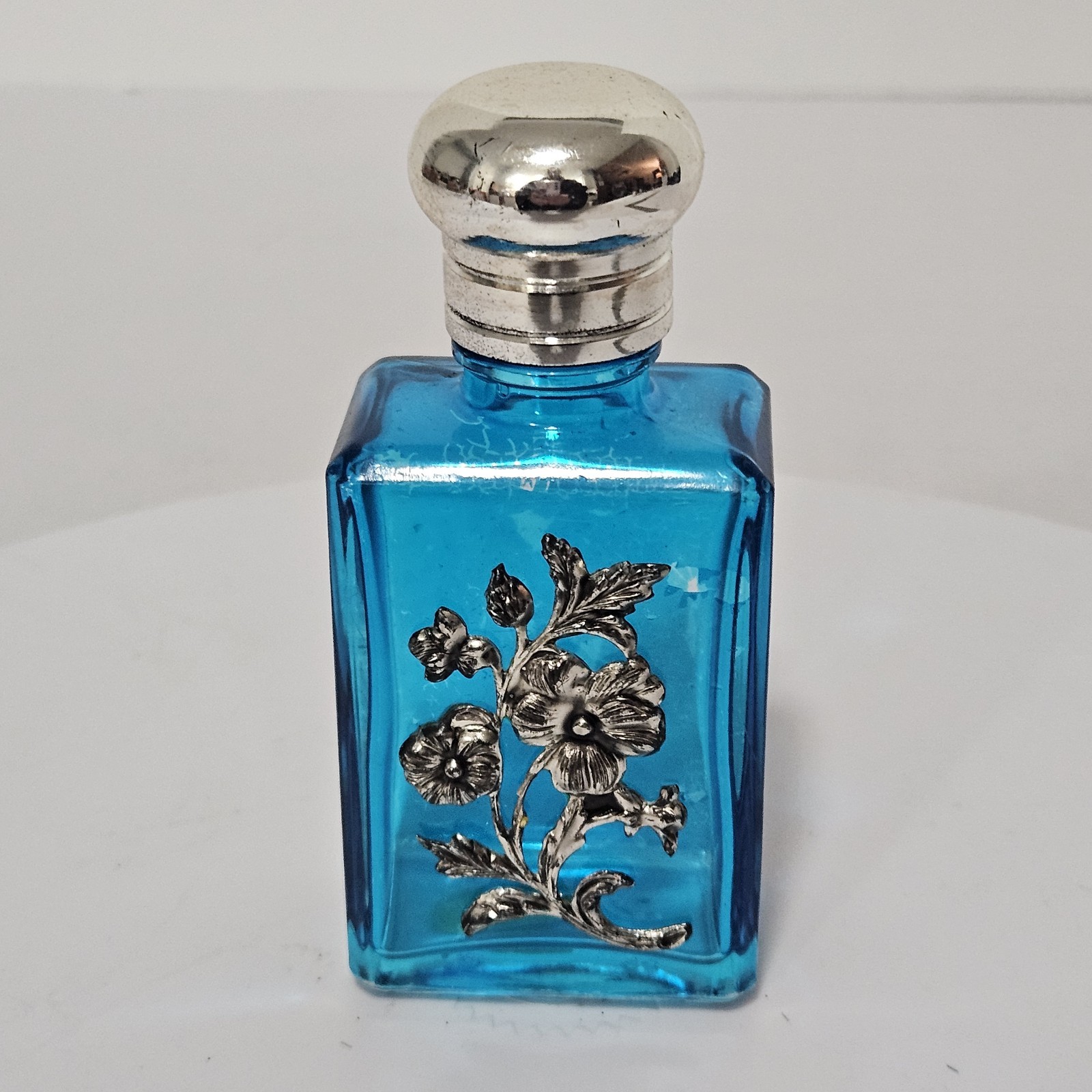 Vtg Italian Cobalt Blue Glass Perfume Scent Bottle Sterlin Silver Floral Overlay