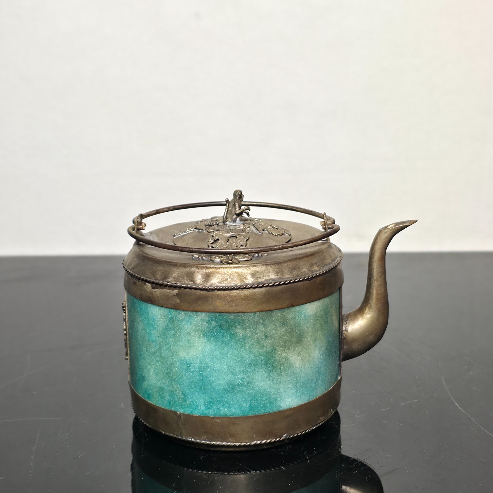 Vintage Tibetan Inspired Metal Teapot Green Stone Panels Monkey Finial Vintage Tibetan Inspired Metal Teapot Green Stone Panels Monkey Finial