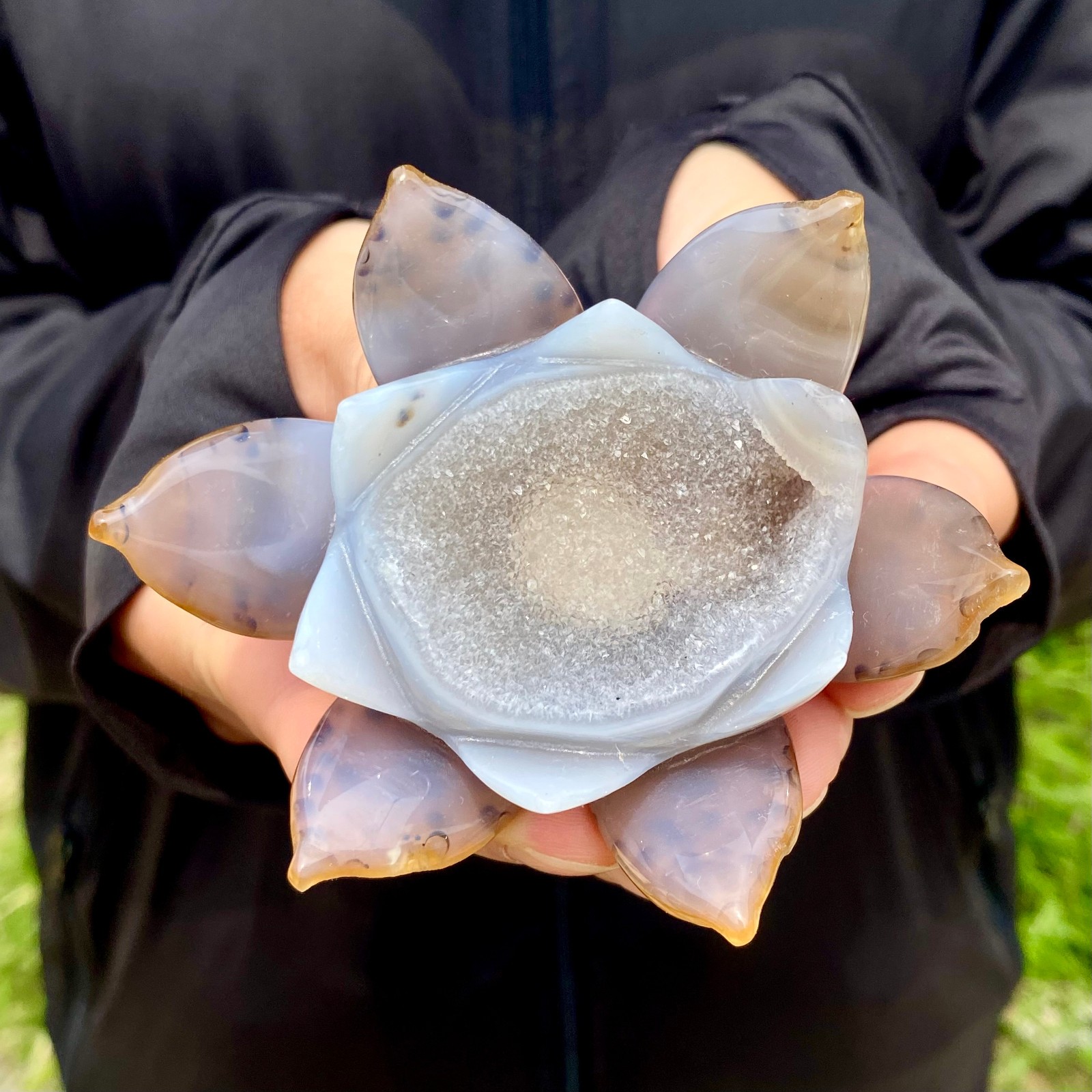 160G Natural Agate Geode Carved Lotus Flower, Hand Carved Healing Crystal Home D