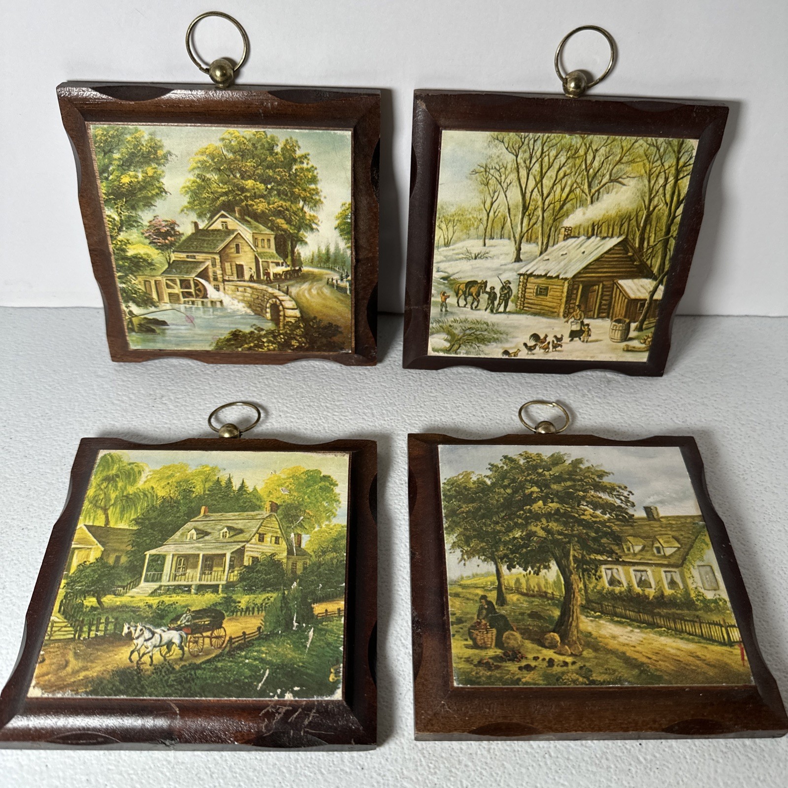 VTG Set of 4 Currier & Ives - Four Seasons Wood Plaques 4.75\