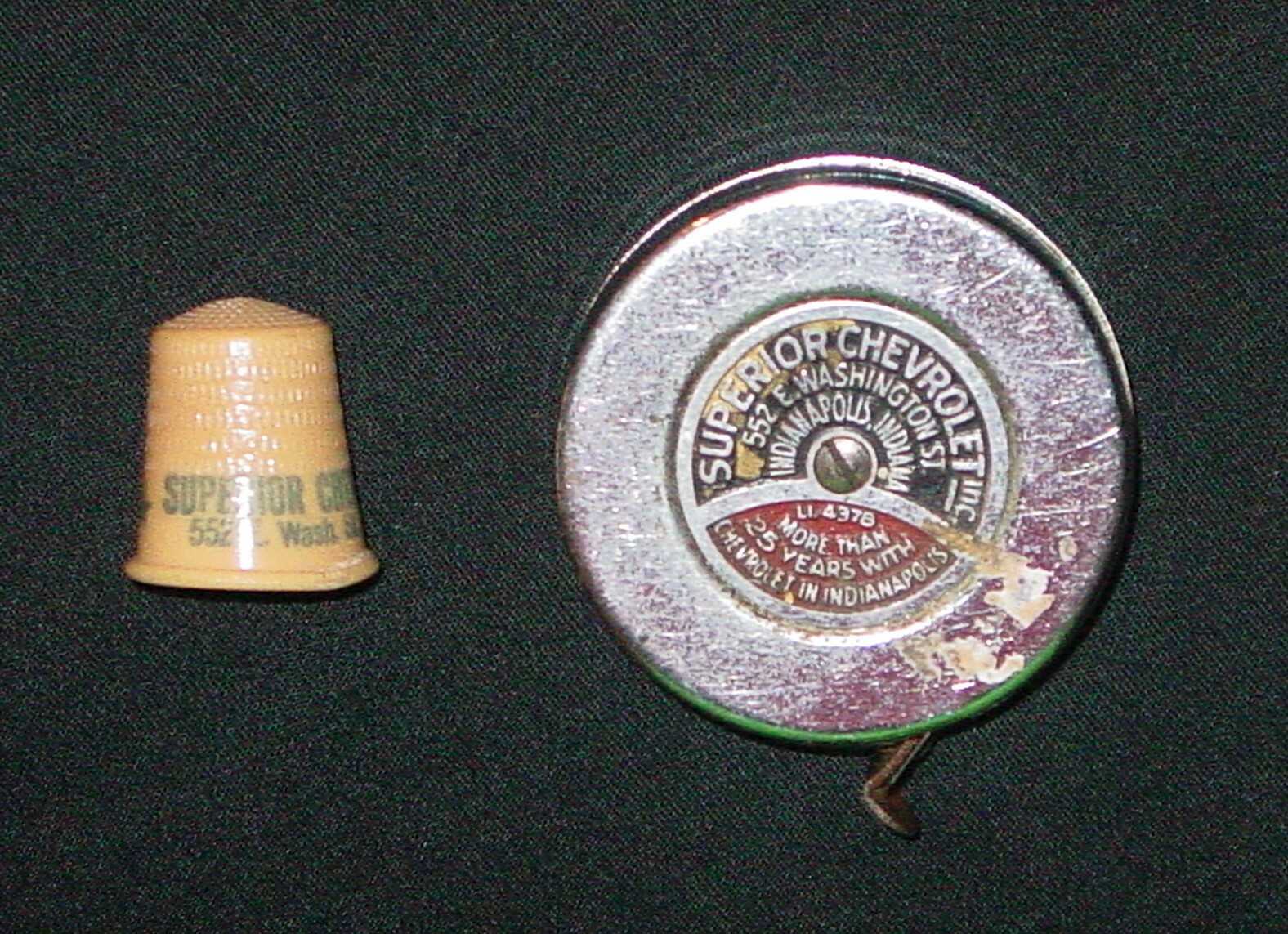RARE ANTIQUE 1940\'s SUPERIOR CHEVROLET TAPE MEASURER & THIMBLE-INDIANAPOLIS, IN