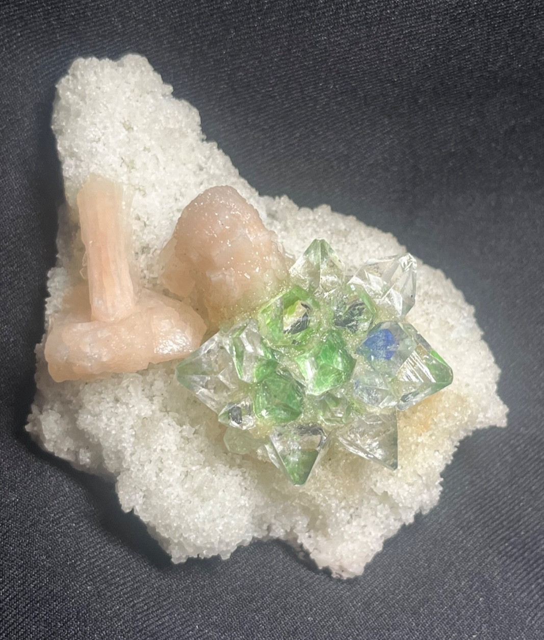 AWESOME RARE GREEN APOPHYLLITE FLOWER W/ CORAL AND STILBITE CRYSTAL IN MATRIX