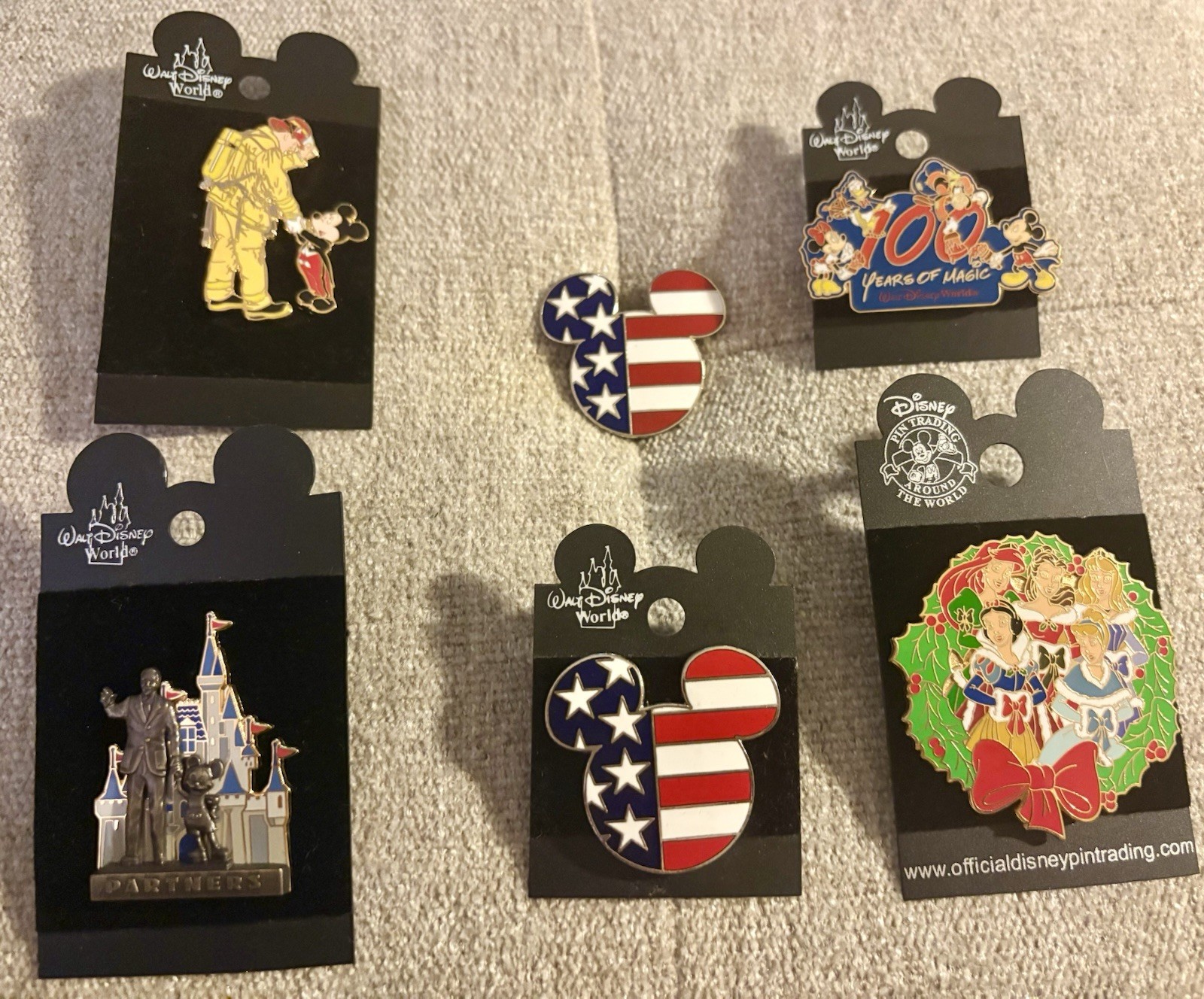 6 RARE, Authentic 2001 Disney Pins  (Firefighter, 2Mickey, Cinderella, 100yrs)