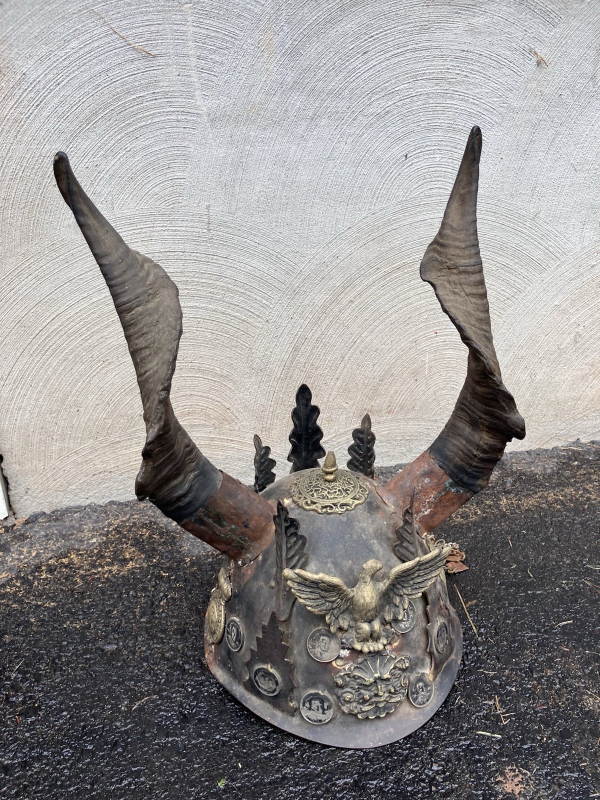 Antique Vintage Helmet Folkart Handmade Helmet With Horns From 1960s