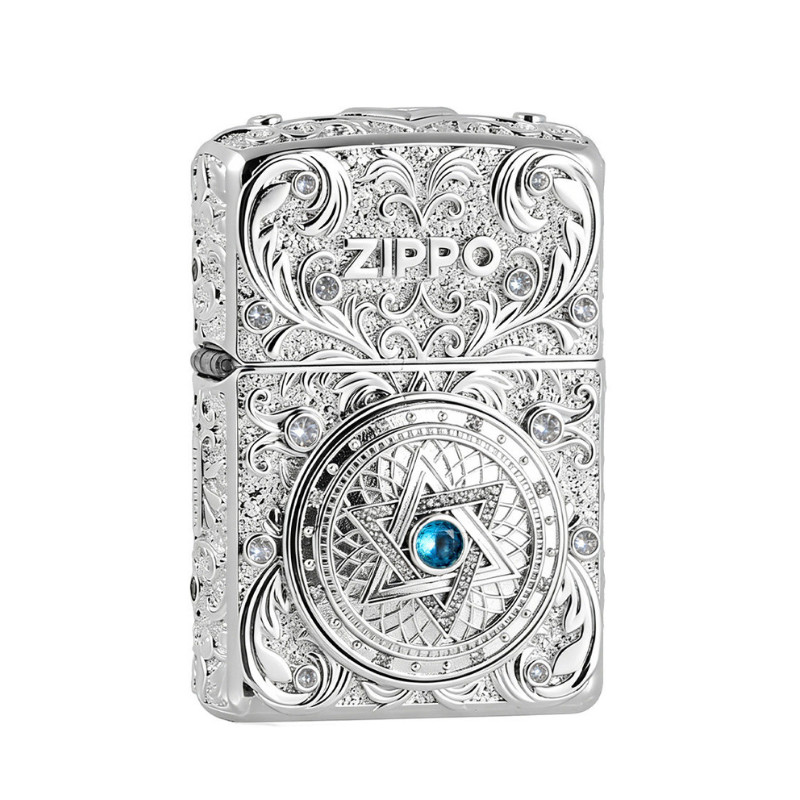 Zippo Armor Lighter Handmade 3D Relief Engraved Silver Hexagram Luxury Gift