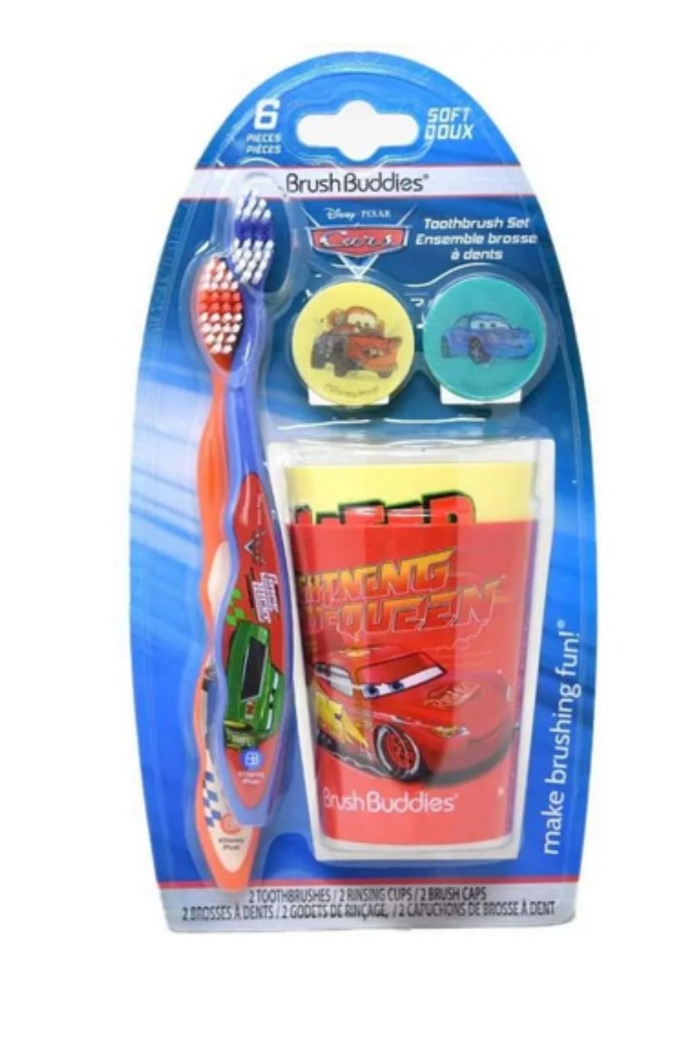 Brush Buddies Disney Pixar Cars Toothbrush Set for Kids 6 Piece Bundle with 2