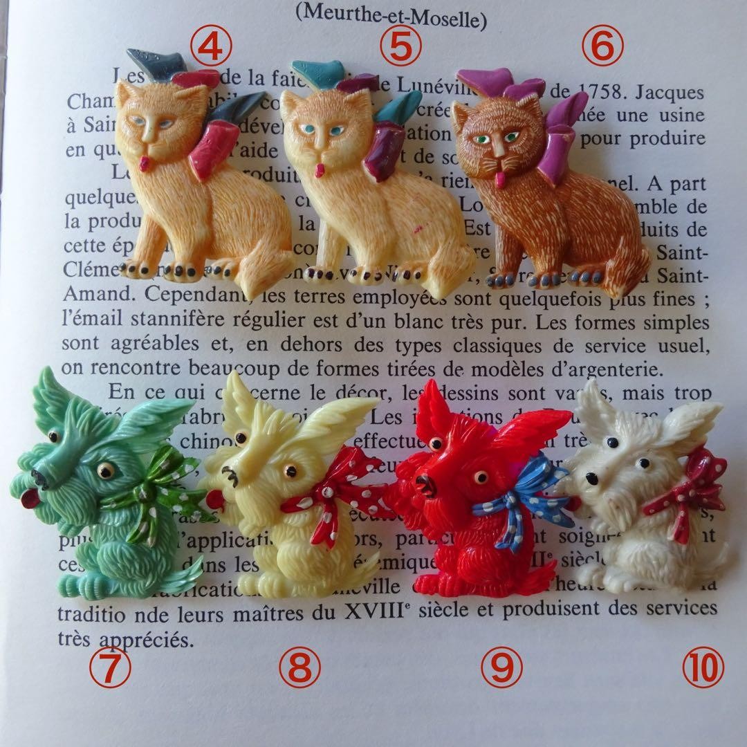 VINTAGE France Cat Dog Brooch Celuloid Unused Retro Jewelry 4.3x3.5cm