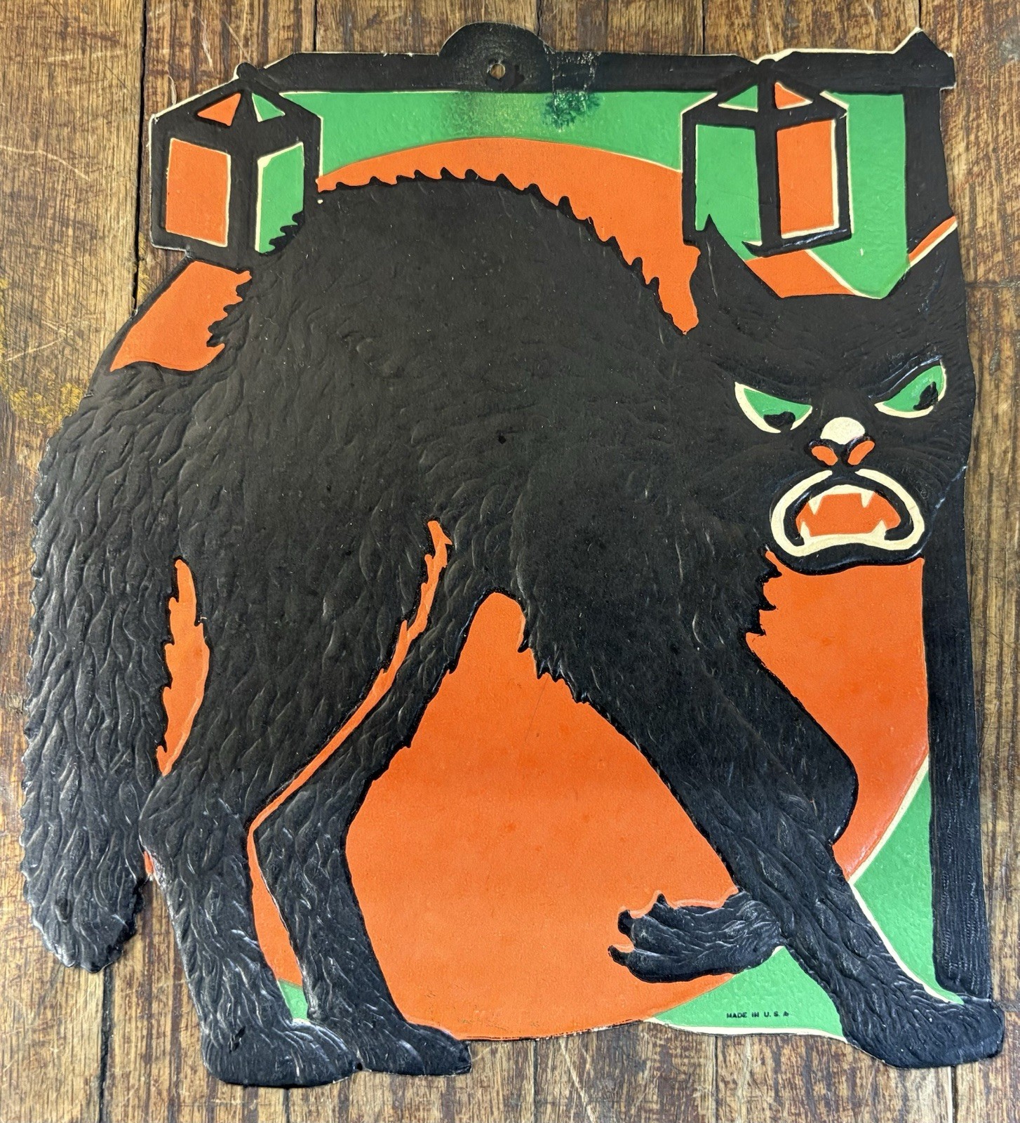 Vintage 1930s Beistle black cat with lanterns embossed Halloween die cut, USA