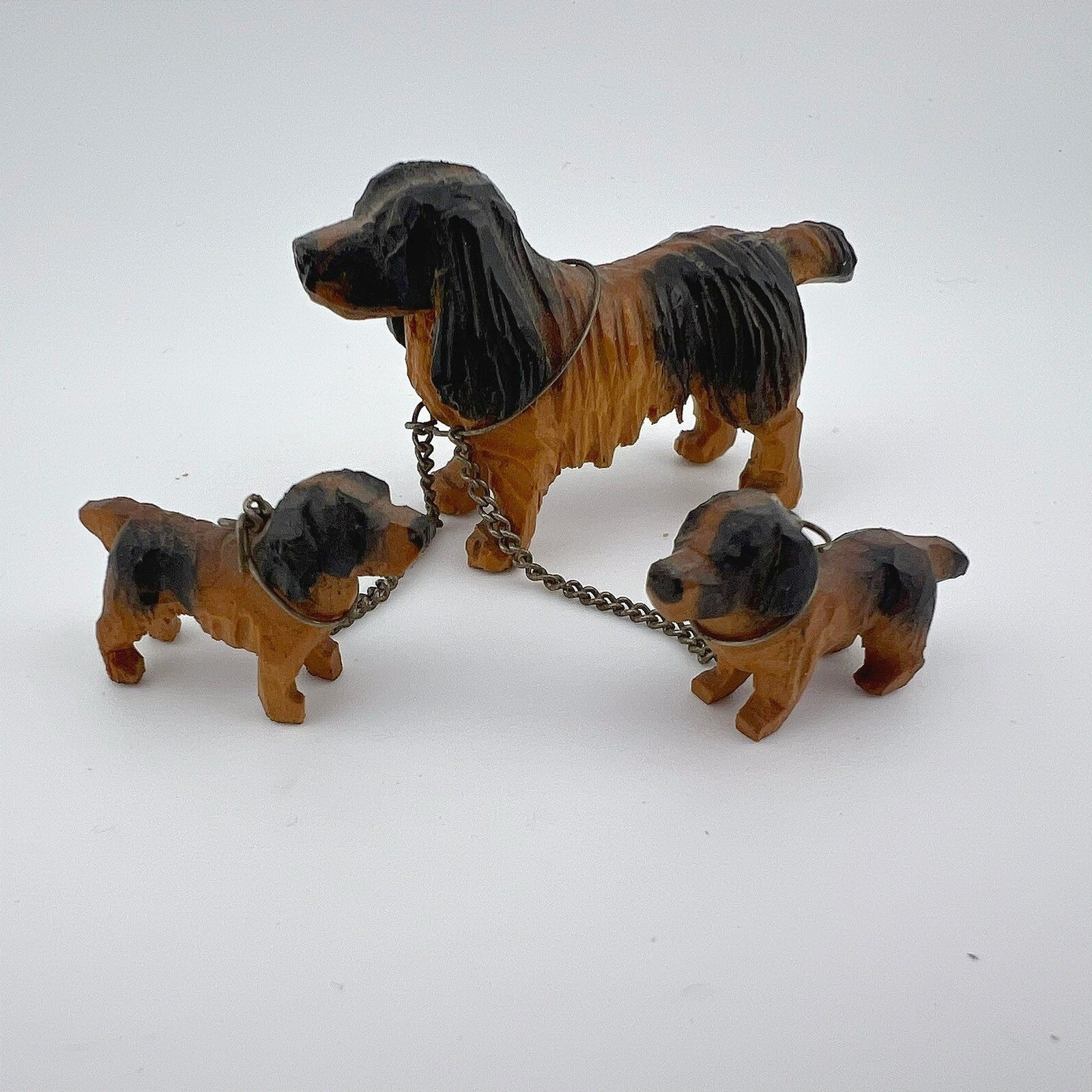 Vintage Hand Carved Wood Cocker Spaniel Dog Family Miniature Leash Set