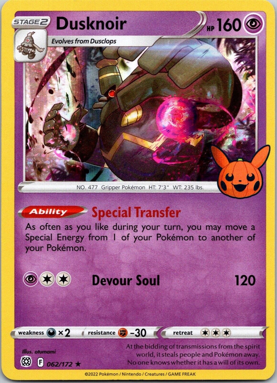 Dusknoir 062/172 Holo Trick or Trade BOOster 2022 Halloween Pokemon TCG Dusknoir 062/172 Holo Trick or Trade BOOster 2022 Halloween Pokemon TCG