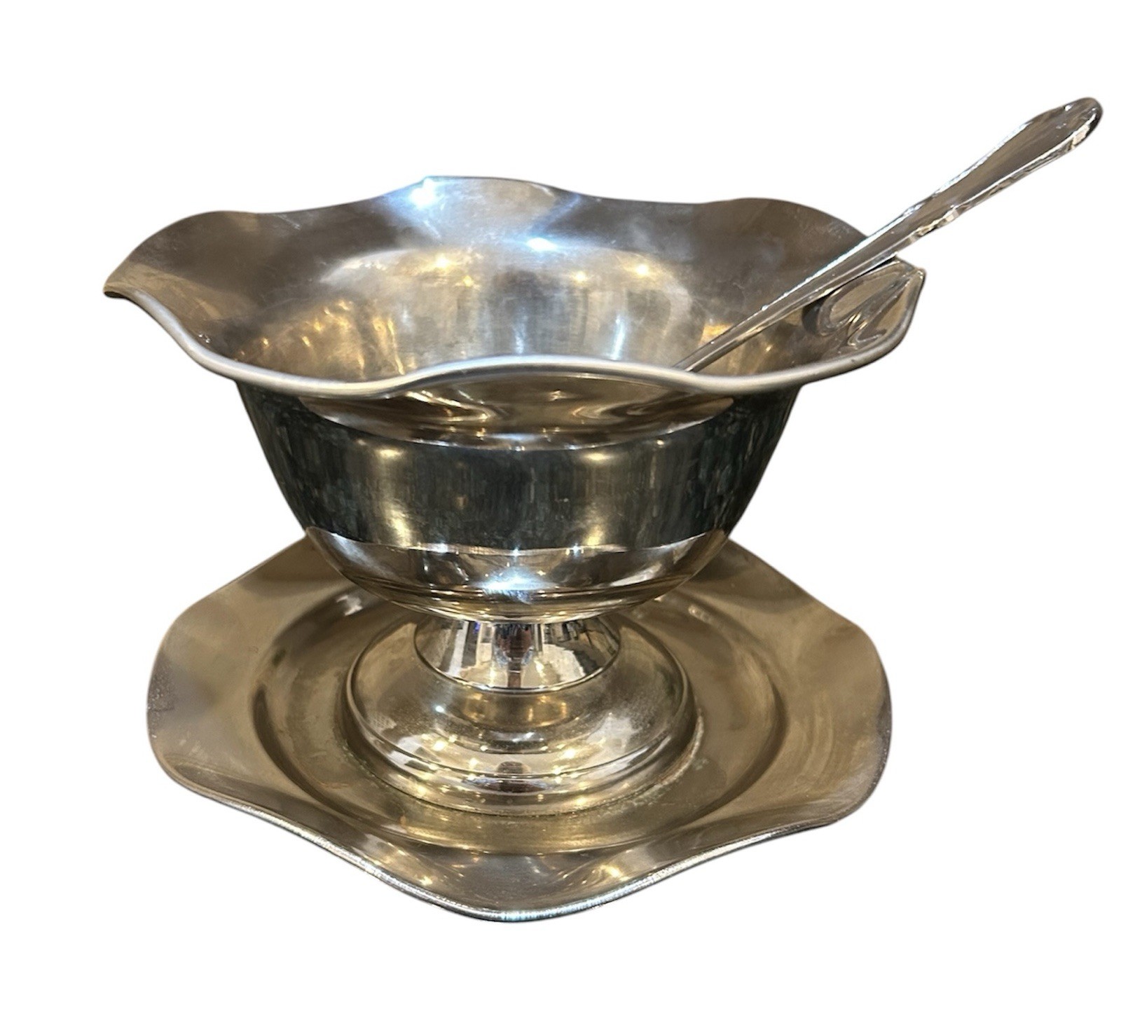 Vintage Silverplate Gravy Boat Attached Underplate Ladle Scalloped Sauce Bowl