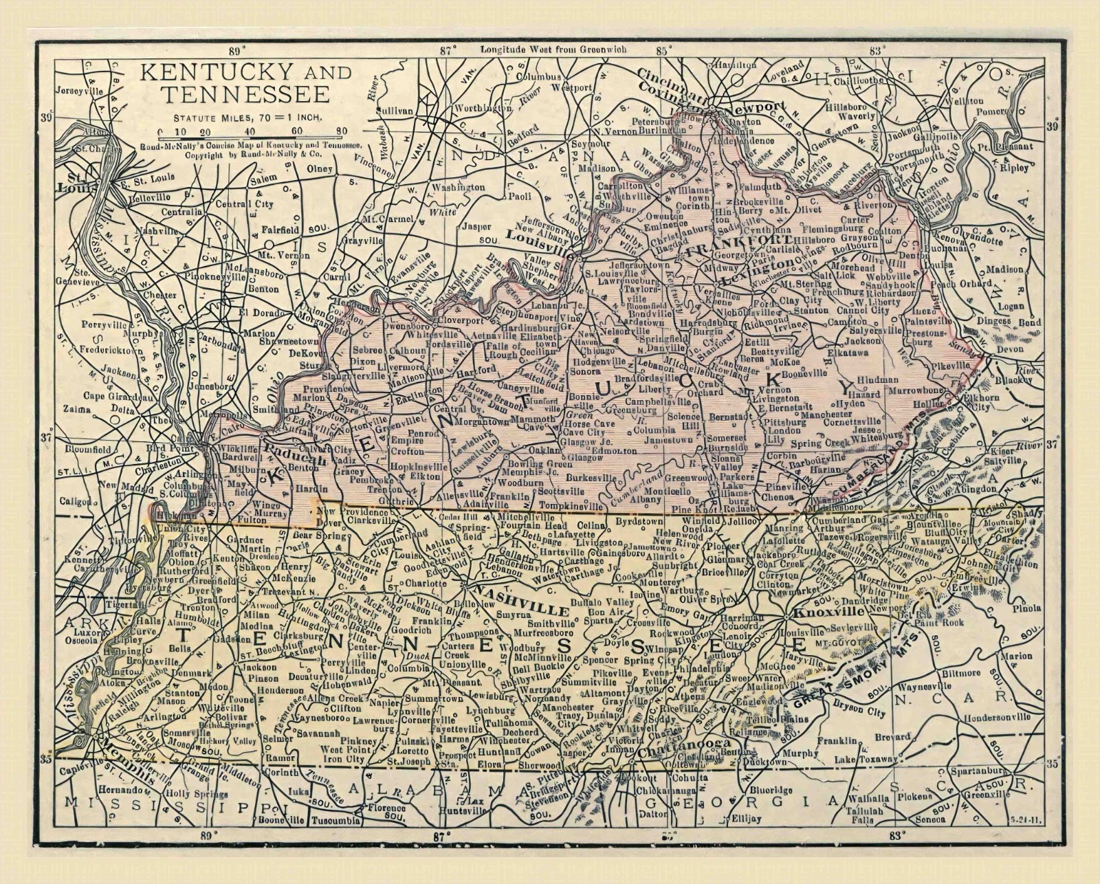 Map of KENTUCKY & TENNESSEE from 1912 - 8.5 x 11 Inch Photo Reprint Map of KENTUCKY & TENNESSEE from 1912 - 8.5 x 11 Inch Photo Reprint