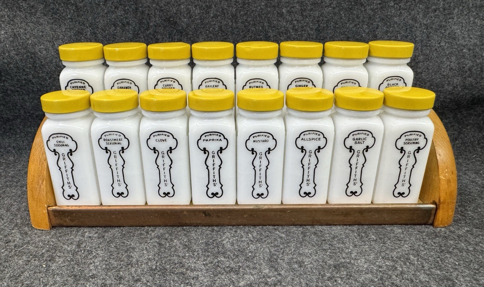 Vintage Griffith’s 16-Bottle Milk Glass Spice Jar Set w/ Rack Mustard Yellow Lid
