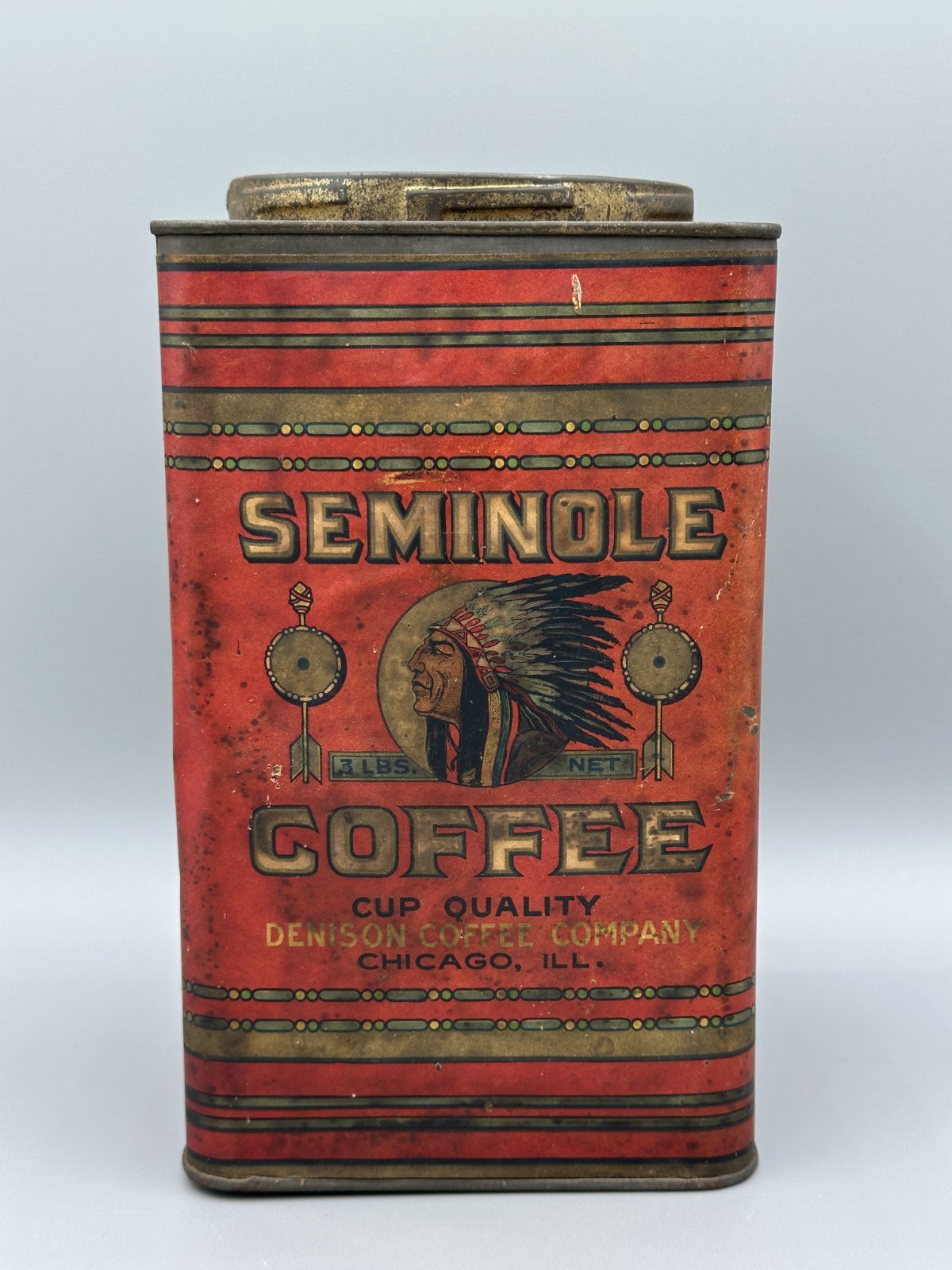 Antique SEMINOLE COFFEE TIN 3Lb Denison Advertising Native American Indian Chief