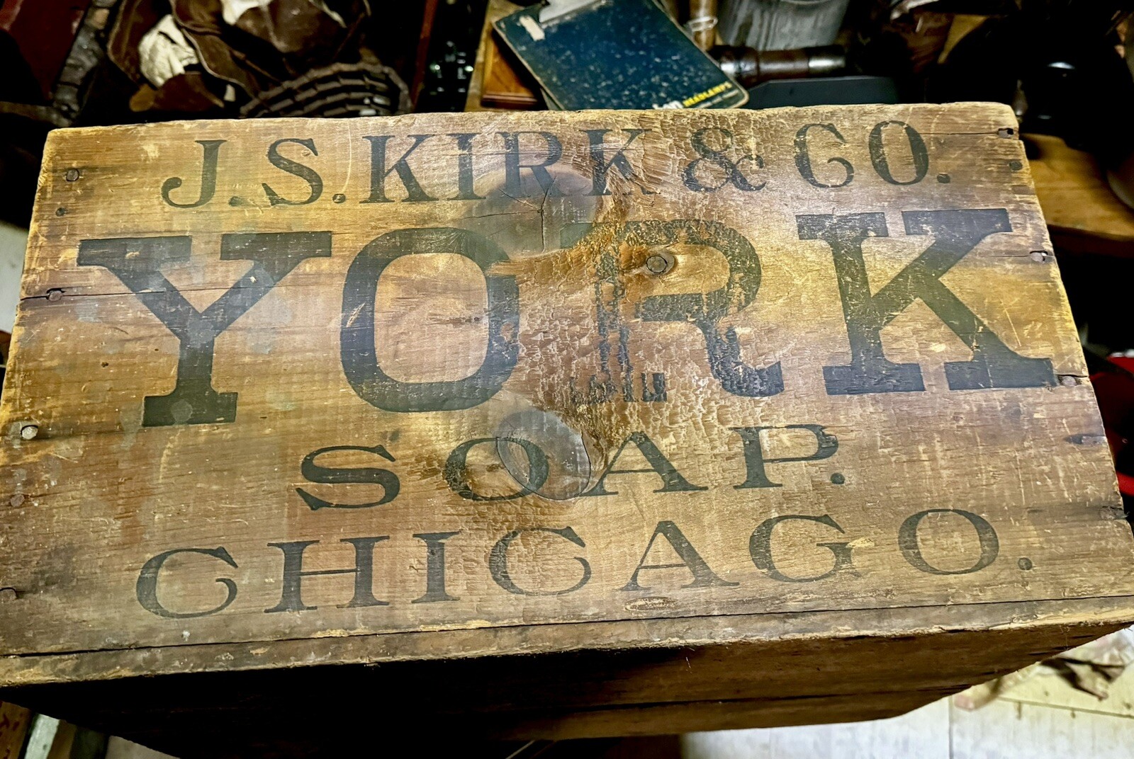 Rare JAS S KIRK York Soap Wooden Crate advertising Chicago Paper Label Wood Box