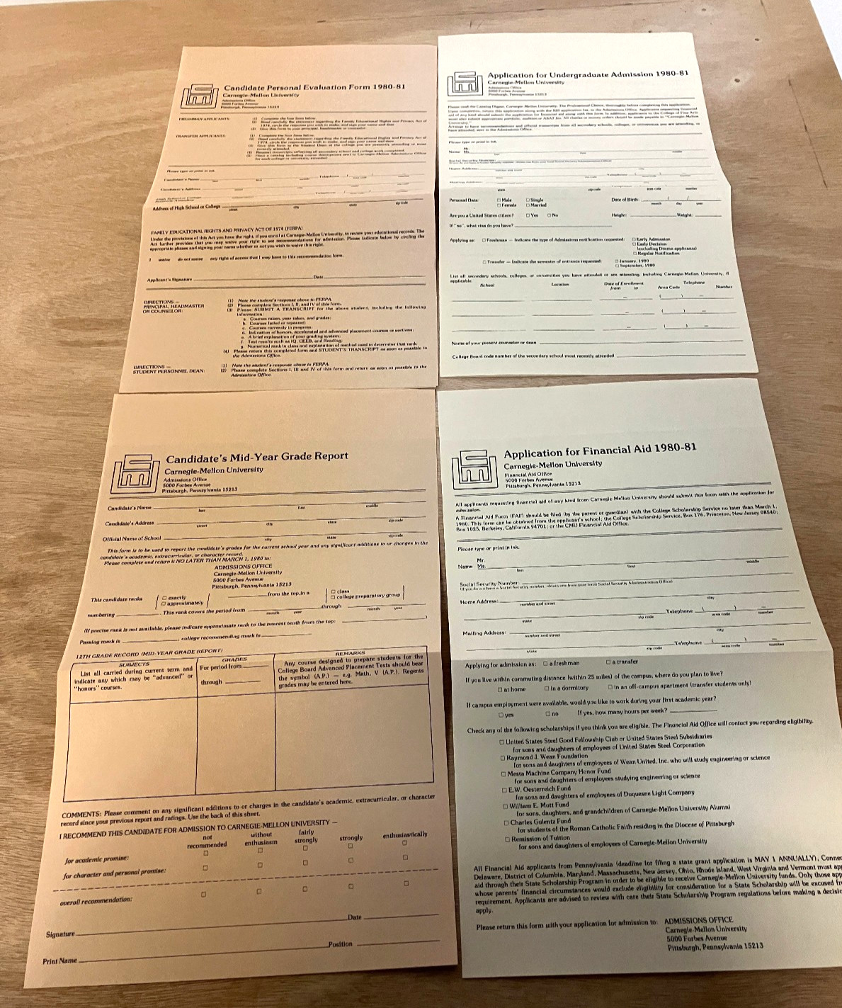 Carnegie Mellon University 1980 - 81 admission application papers