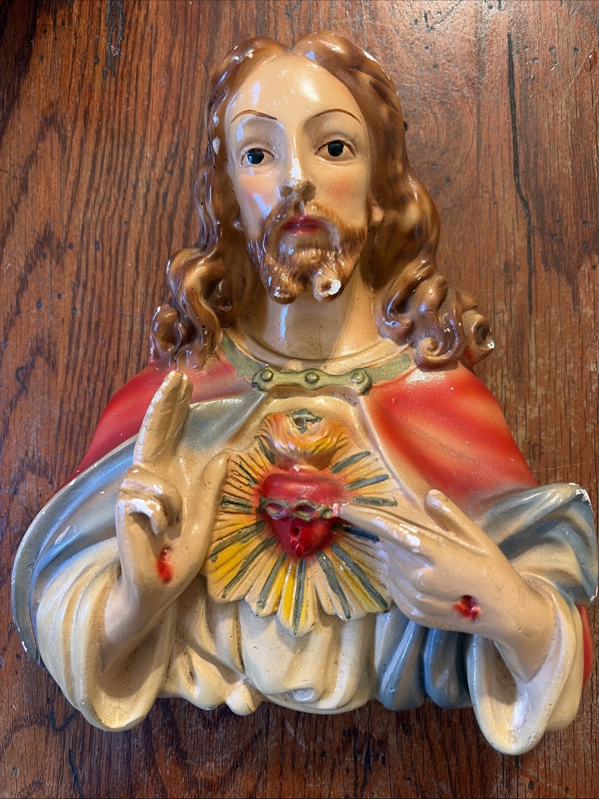Vintage Rare Italian Chalkware Wall Hanging Of The Sacred Heart Of Jesus 