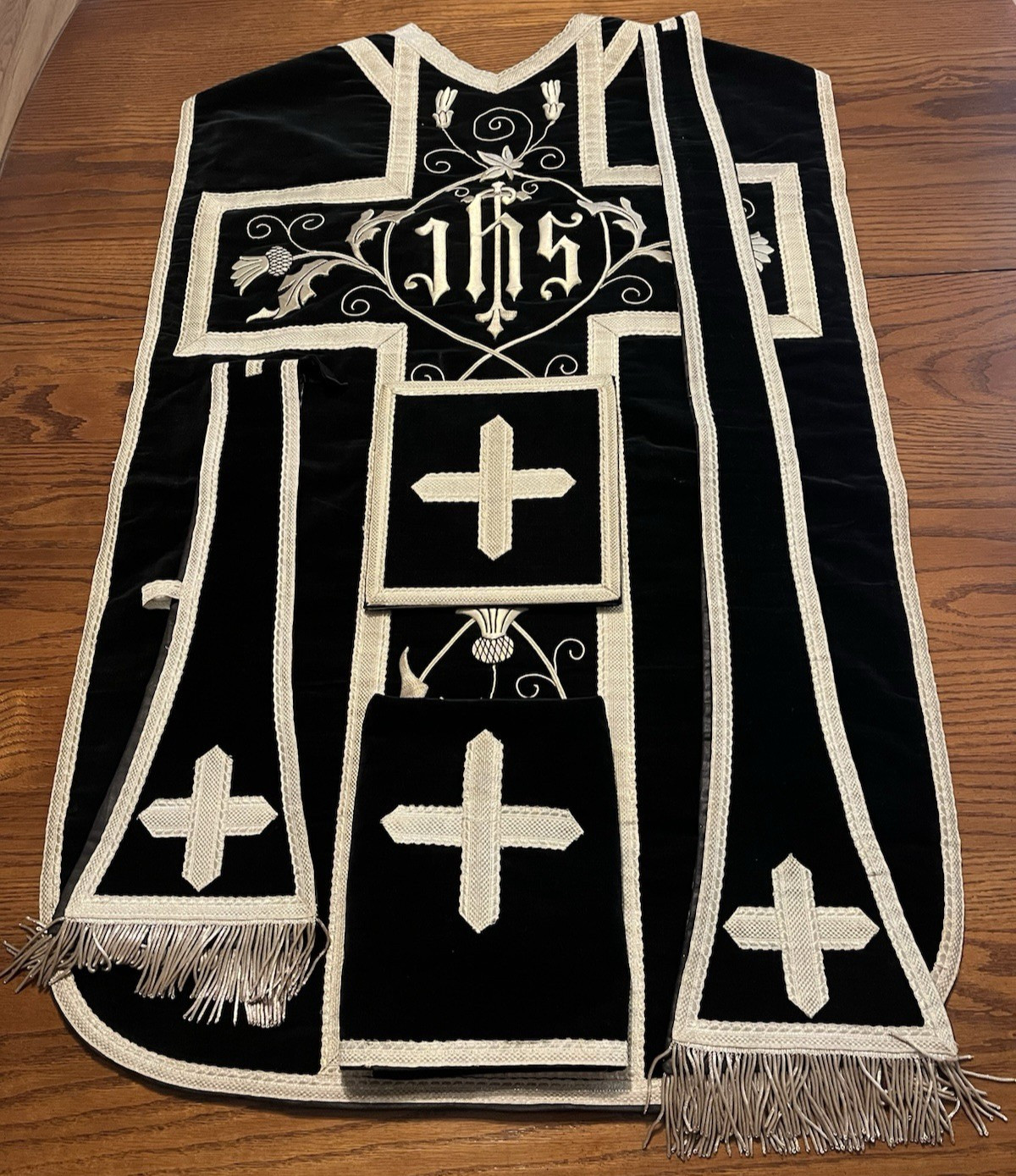 Antique Black Velvet Roman Chasuble Requiem Catholic Priest Vestment