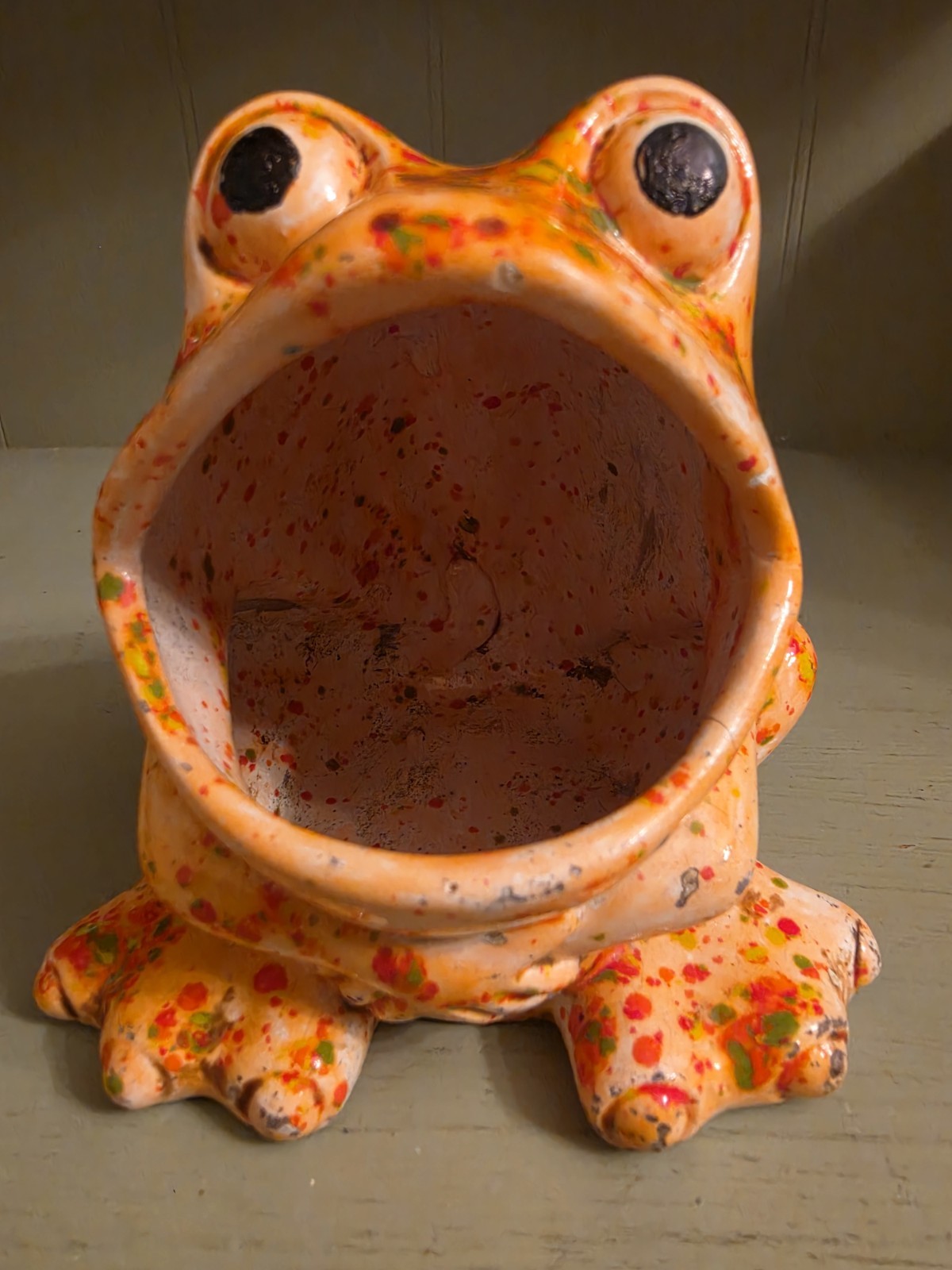 Vintage Ceramic Frog Sponge Holder Large Mouth Splatter Drip Glaze Orange 5” Vintage Ceramic Frog Sponge Holder Large Mouth Splatter Drip Glaze Orange 5”