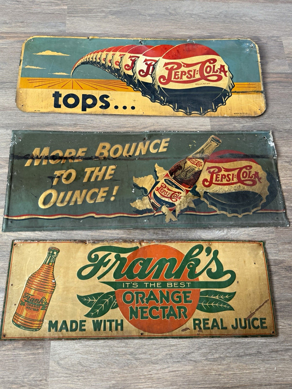 Pepsi Vintage Soda Tin Sign Lot: Tops & More Bounce + Frank's Orange Nectar
