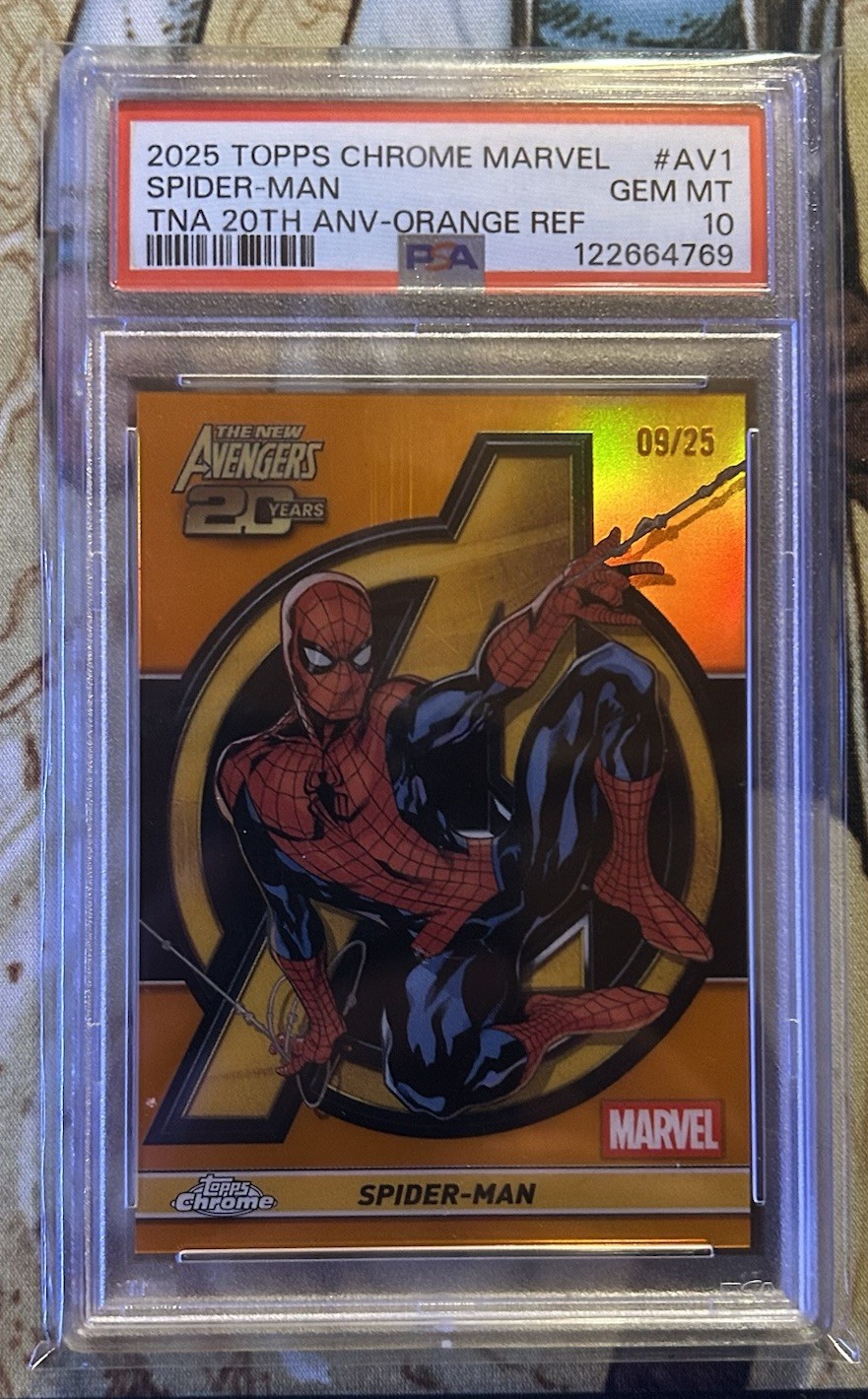 2025 Topps Chrome Marvel Spider-Man New Avengers 20th #AV-1 Orange /25 PSA 10 GM 2025 Topps Chrome Marvel Spider-Man New Avengers 20th #AV-1 Orange /25 PSA 10 GM