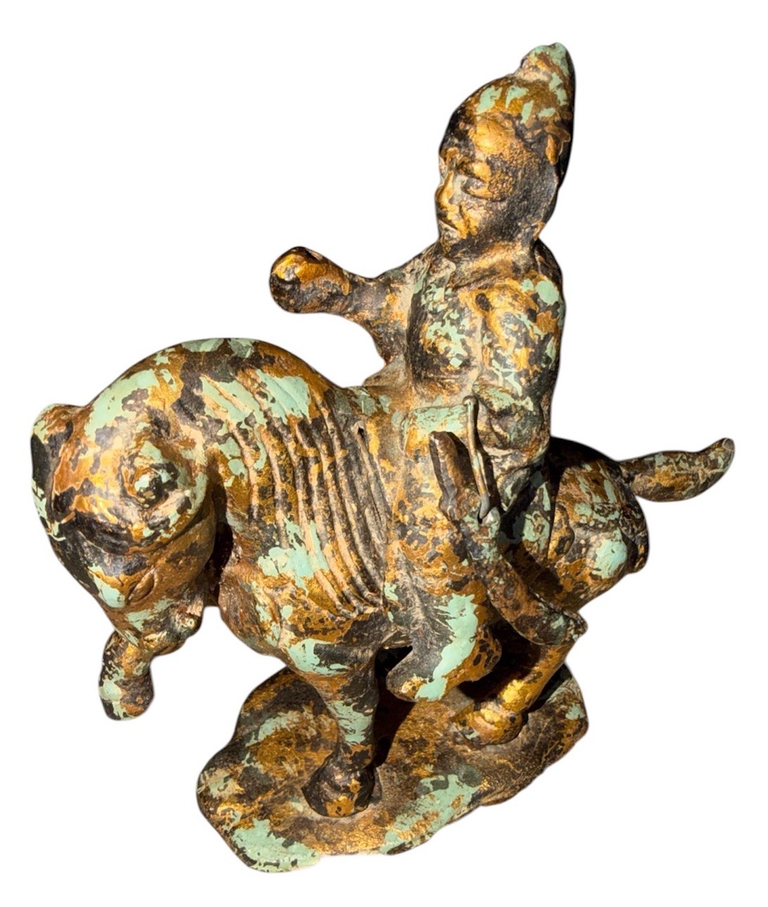 Vintage Chinese Tang Dynasty-style Gilded Cast Iron Warrior W/Sword Horse Statue