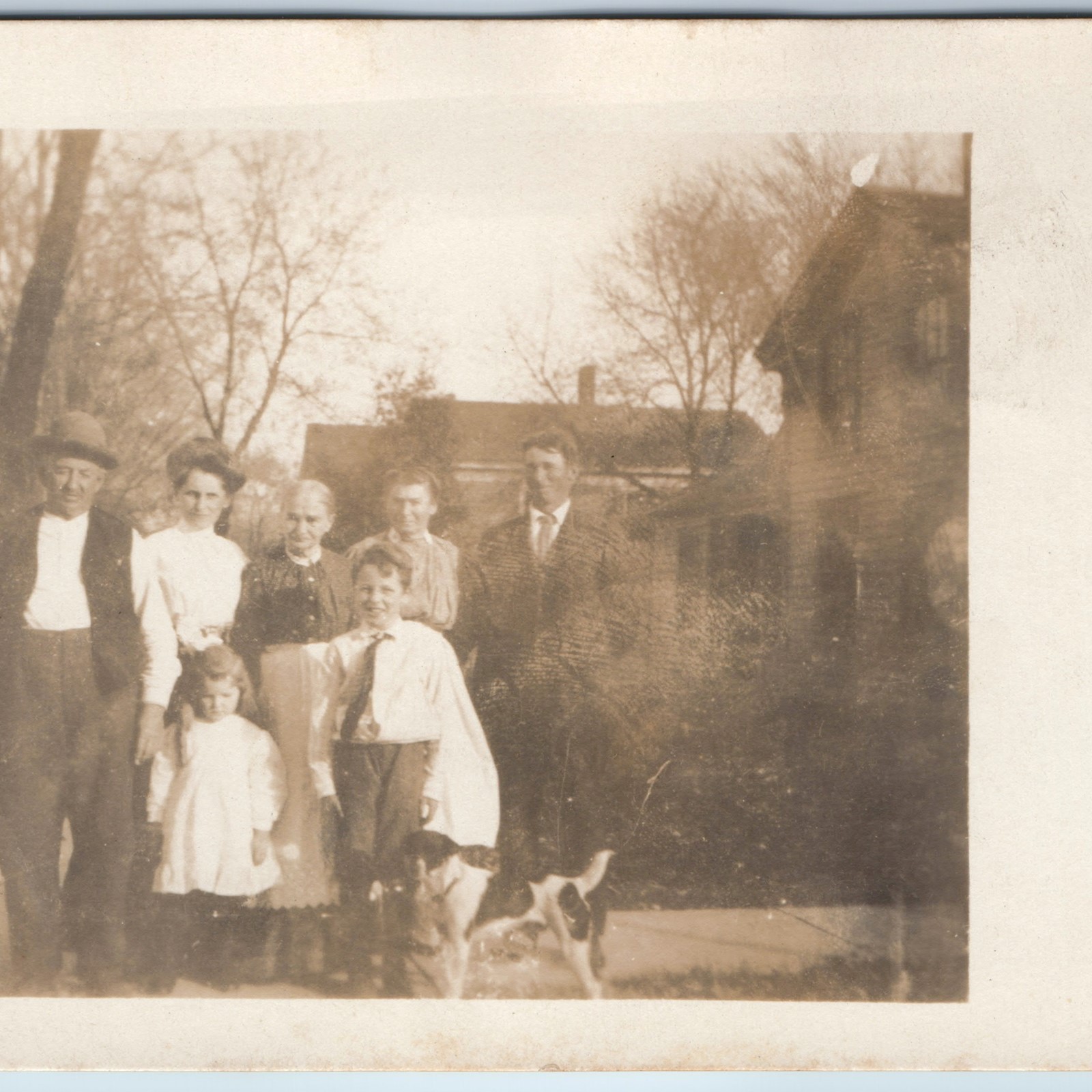 c1910s Outdoor Family Group Photo RPPC Postcard Men Women Children Dog House DB c1910s Outdoor Family Group Photo RPPC Postcard Men Women Children Dog House DB