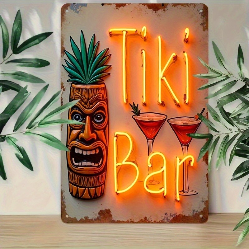 2D Flat, 1pc 8x12 Inch Vintage Tiki Bar Tin Metal Signs - Hawaiian-Themed Neon-S