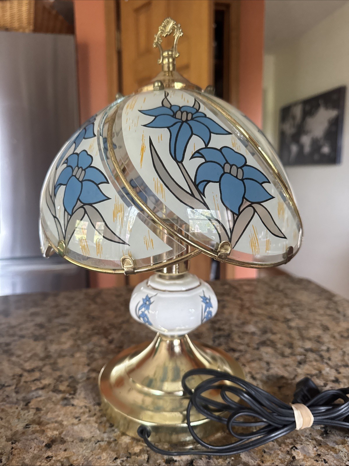 Vintage Blue Floral Glass Six Panel Table Lamp Brass Porcelain Base (not touch)