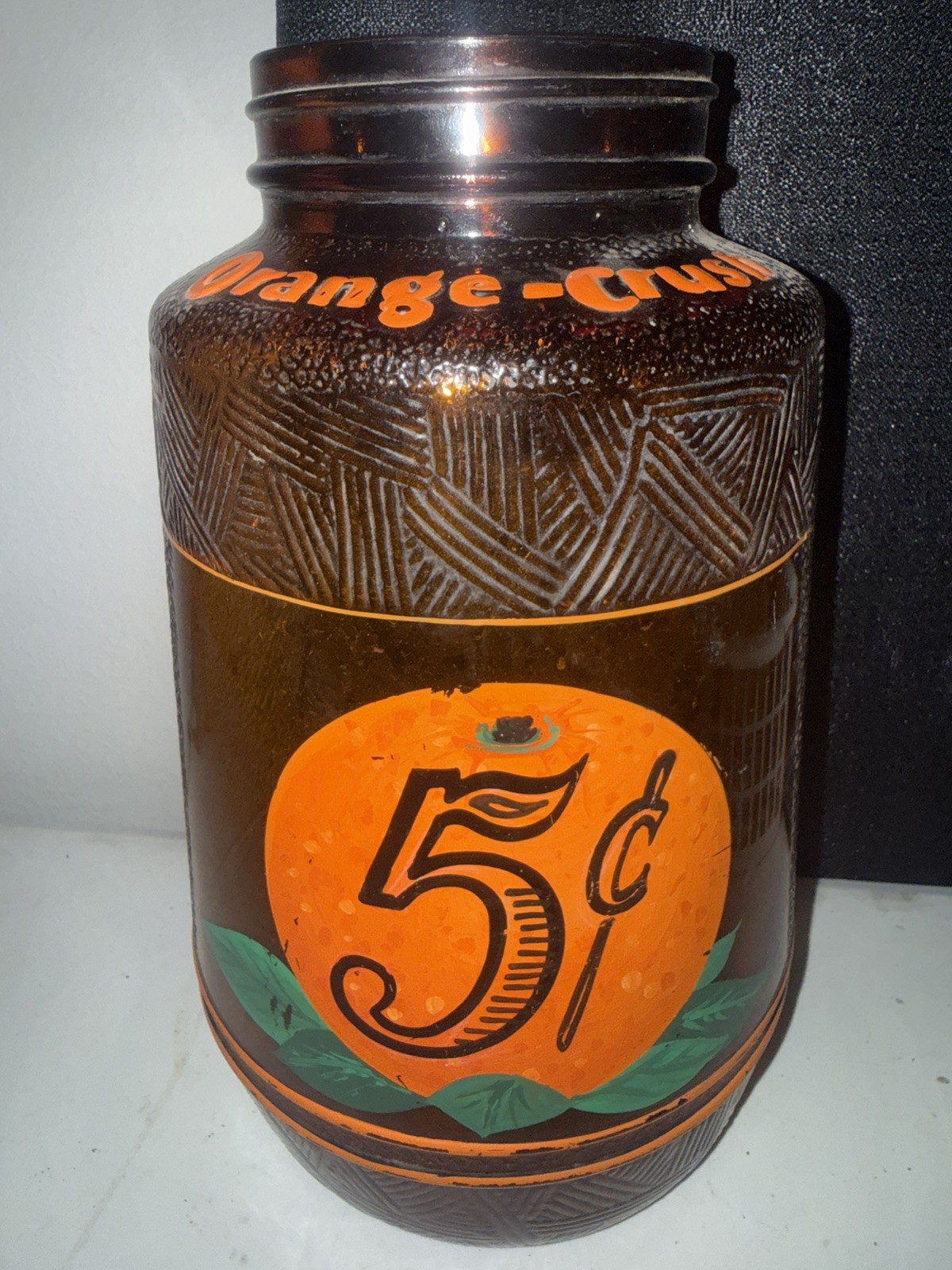 Antique Orange Crush amber glass dispenser jar LARGE soda drink logo Antique Orange Crush amber glass dispenser jar LARGE soda drink logo