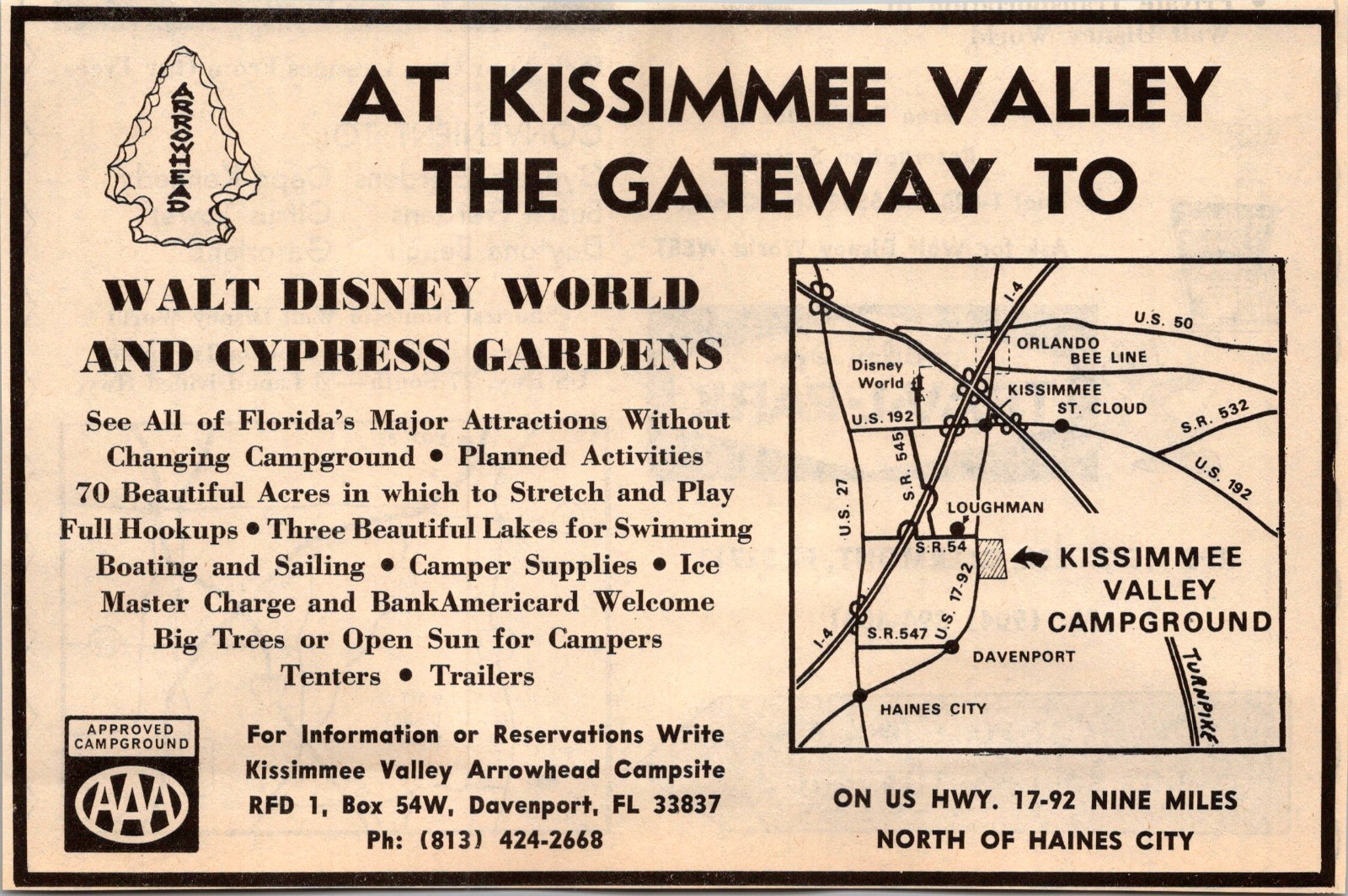 Kissimmee Valley Arrowhead Campsite N Of Haines City Davenport FL 1974 Ad TAK6-2