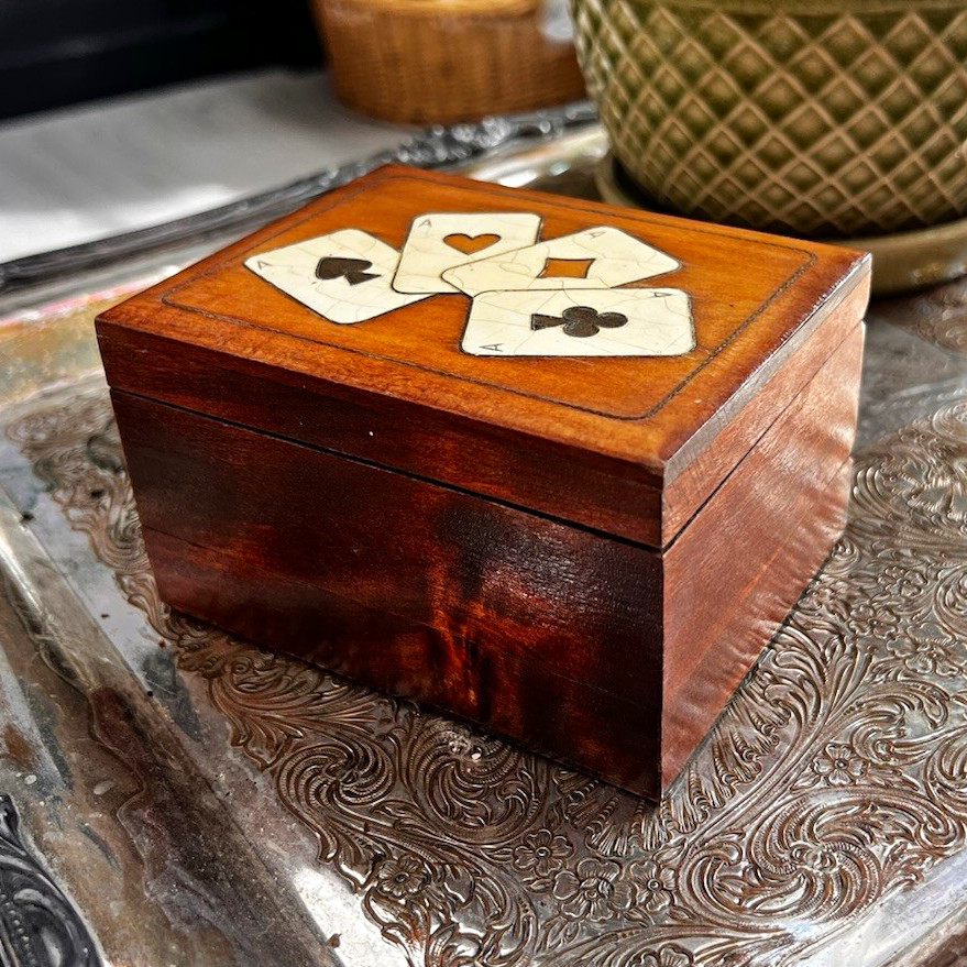 Vintage Hand Painted Double Decker Card Box - Playing Cards Included
