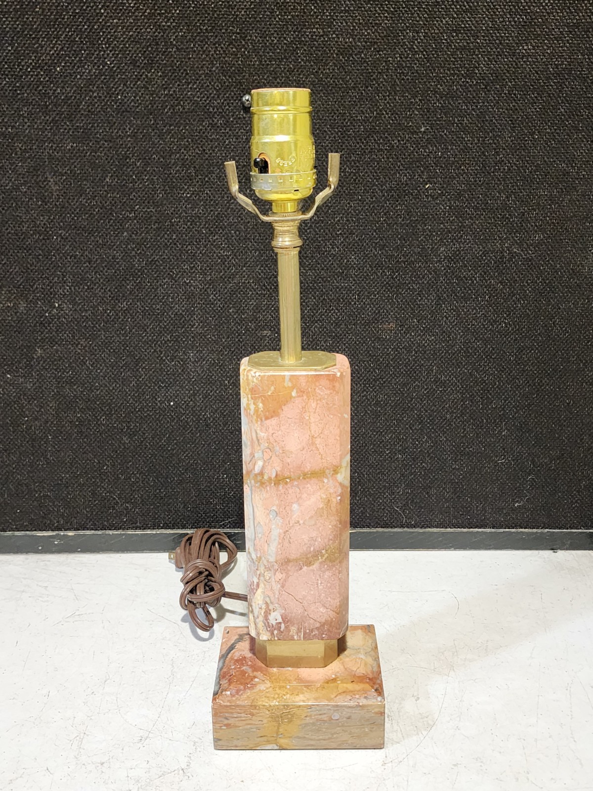 Vintage Pink Gray Varigated Swirl Brass Mid Century Table Lamp