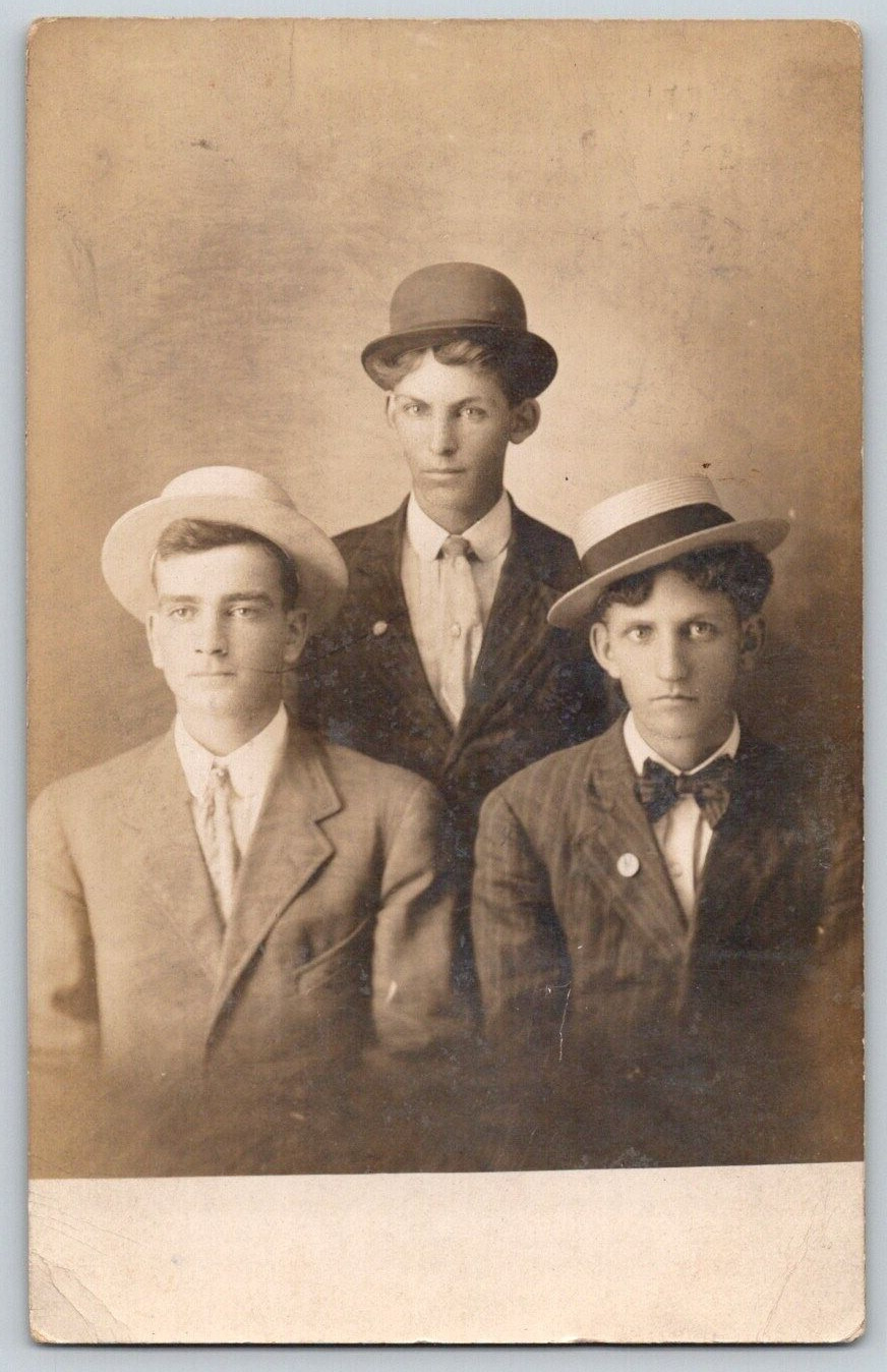 1910 RPPC Postcard Three Young Men Suits Hats Studio Portrait Posted Anderson IN