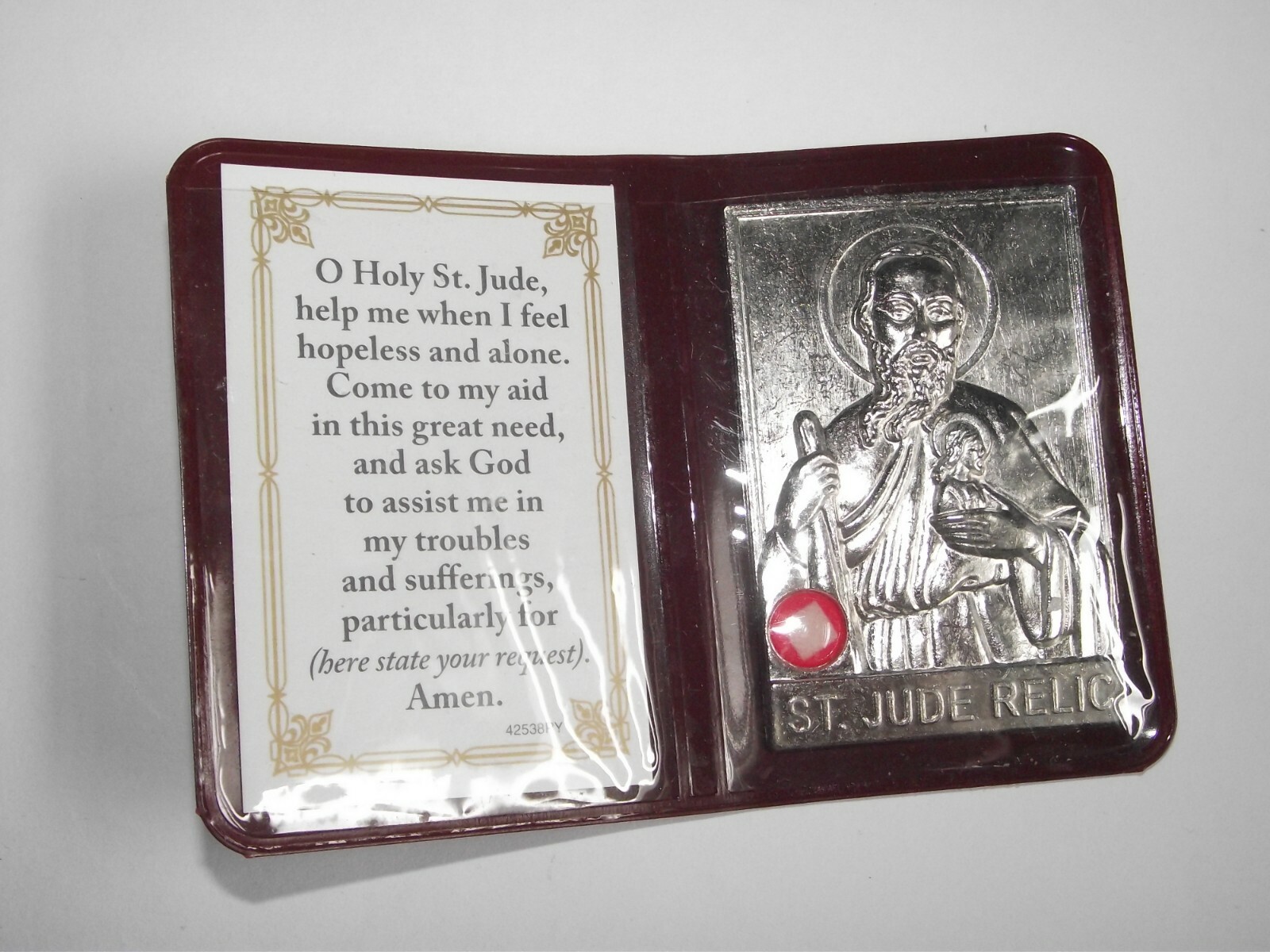 Vtg new medal pocket shrine St Jude hopeless cases relic prayer card brwn folder
